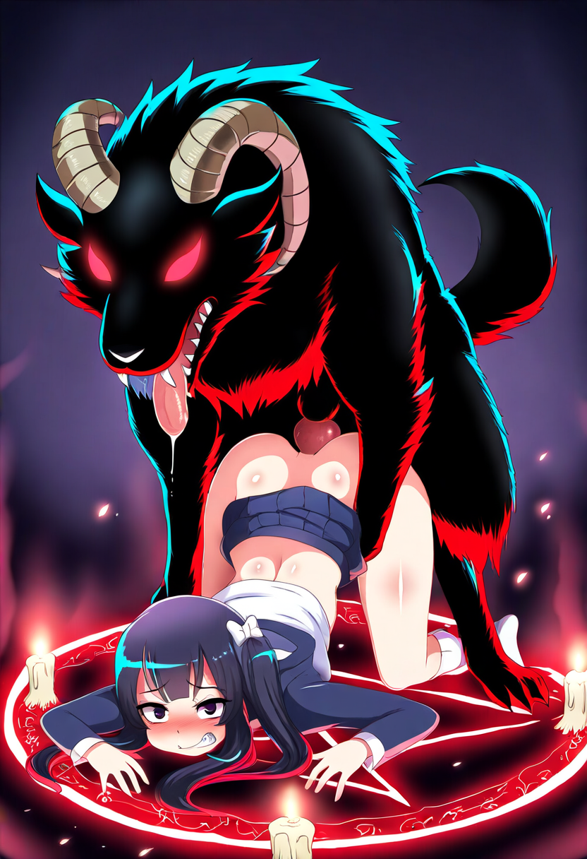 ai_generated canine_penis cookie-girl demon demon_horns demonic fangs feral_on_female feral_on_human feral_penetrating_human glowing_eyes goat_horns magic_circle red_eyes ritual_sex summoning summoning_circle zoophilia