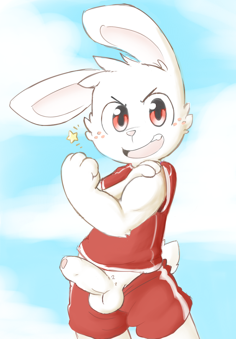 anthro balls clothing cloud erection flexing fur hair lagomorph long_ears male male_only mammal muscular oob open_mouth outside penis pink_nose rabbit red_eyes simple_background smile solo teeth uncut white_fur white_hair