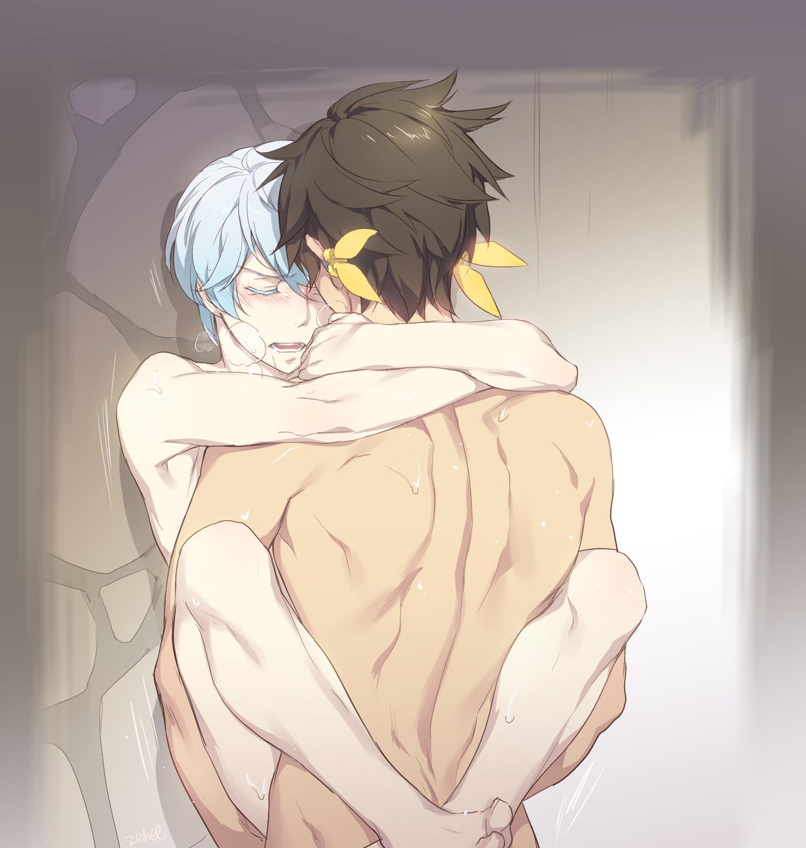 2boys against_wall anal anal_sex arms_around_neck asian asian_male barefoot beige_skin blush closed_eyes earrings gay light_skin male mikleo_(tales) multiple_boys nude penetration sex sorey_(tales) steam sweat tagme tales_of_(series) tales_of_zestiria tan_skin thrusting white_hair wince yaoi zehel_az