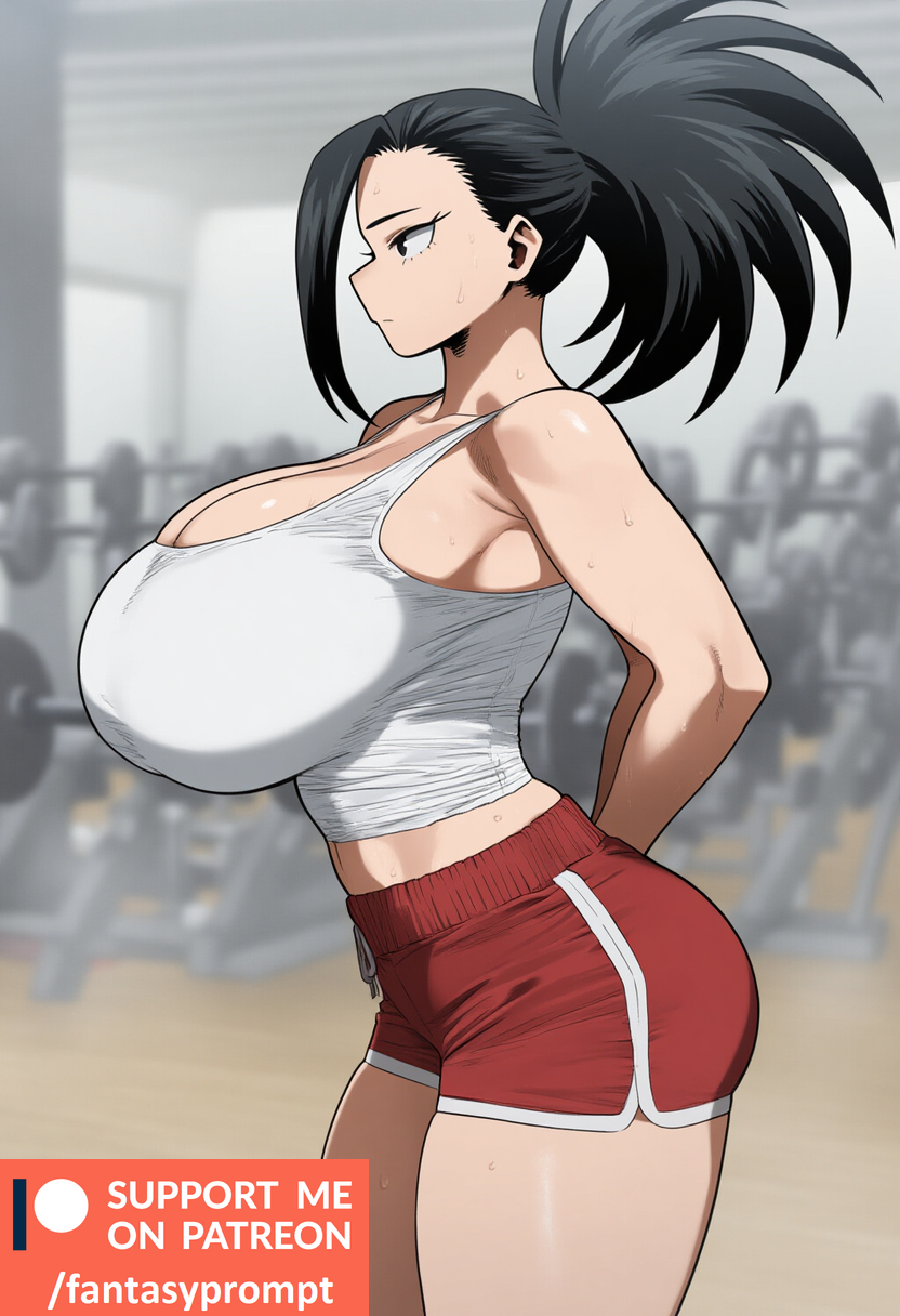 ai_generated anime black_eyes black_hair boku_no_hero_academia breasts_bigger_than_head exercise fantasyprompt female female female_only gigantic_breasts gym huge_breasts long_hair momo_yaoyorozu my_hero_academia narrow_waist shorts slim_waist tank_top thick_thighs tied_hair tight_clothing tight_fit wide_hips