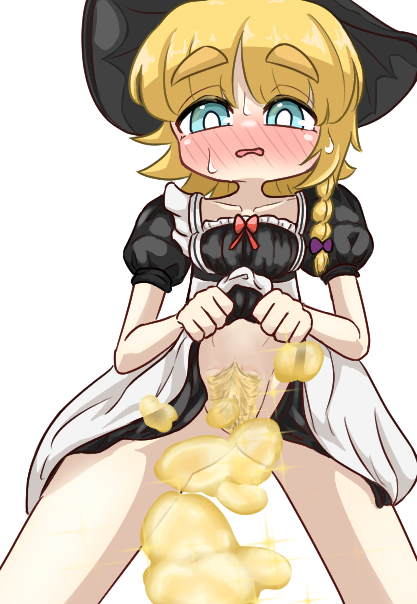 black_dress blonde blonde_female blonde_hair blue_eyes blush blushing blushing_at_viewer blushing_female blushing_profusely braid braided_hair cookie_(touhou) dress dress_lift embarrassed maid maid_apron maid_outfit maid_uniform marisa_kirisame meguru_(cookie) peeing peeing_on_viewer pubic_hair purple_bowtie pussy side_braid skirt_lift small_breasts standing standing_pee sweat sweatdrop tagme thick_eyebrows touhou urinating urinating_female urination urine urine_stream white_background white_pupils witch_hat yellow_hair