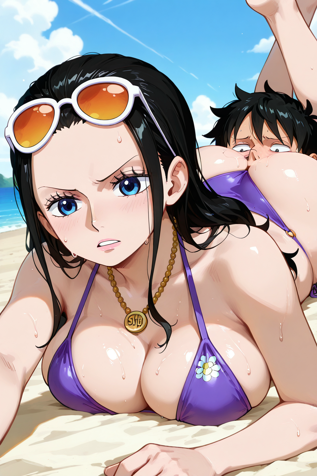 ai_generated beach big_ass big_breasts bikini black_hair blue_eyes curvy curvy_figure face_on_ass fat_ass female glasses legs male male/female monkey_d_luffy nico_robin one_piece