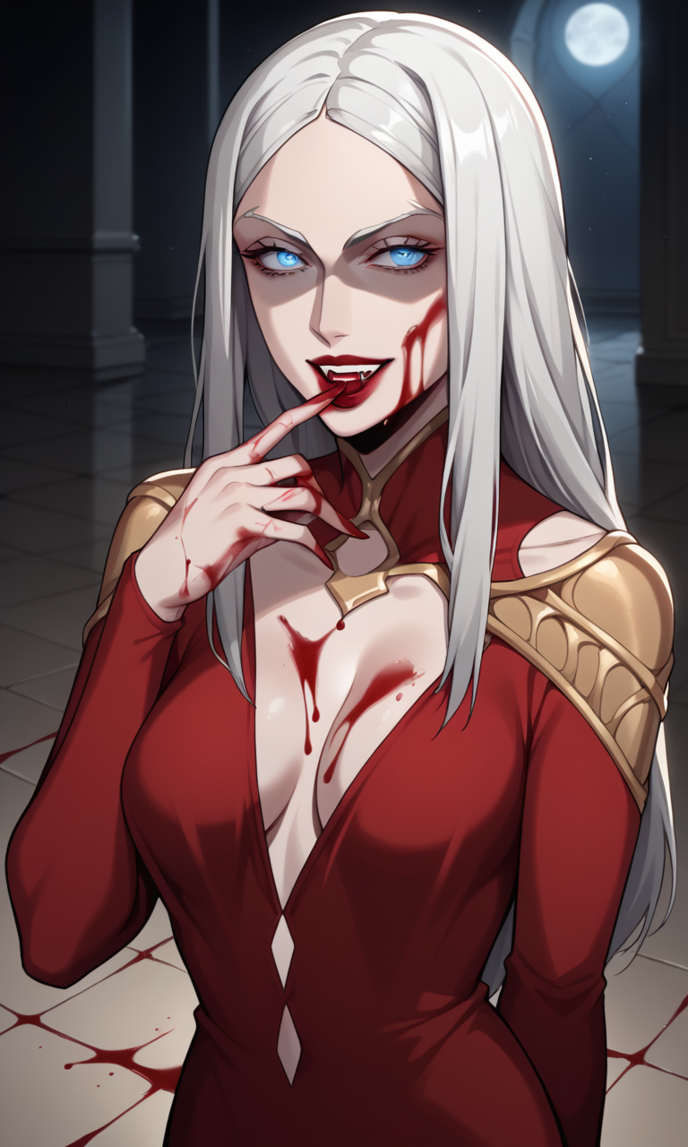 1girls ai_generated bigmic145 blood breasts carmilla_(castlevania) castlevania castlevania_(netflix) cleavage horror lips long_hair medium_breasts red_dress vampire white_hair yandere