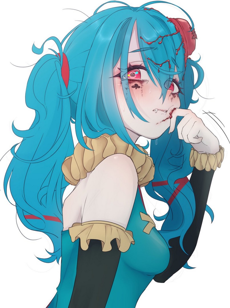 basedbinkie, blue hair, chivalry starved, clown, clown girl, clown makeup, crying with eyes open, dress, exposed shoulders, female, pink eyes, pippi panini, red ribbon, tagme, tomato, webcomic character