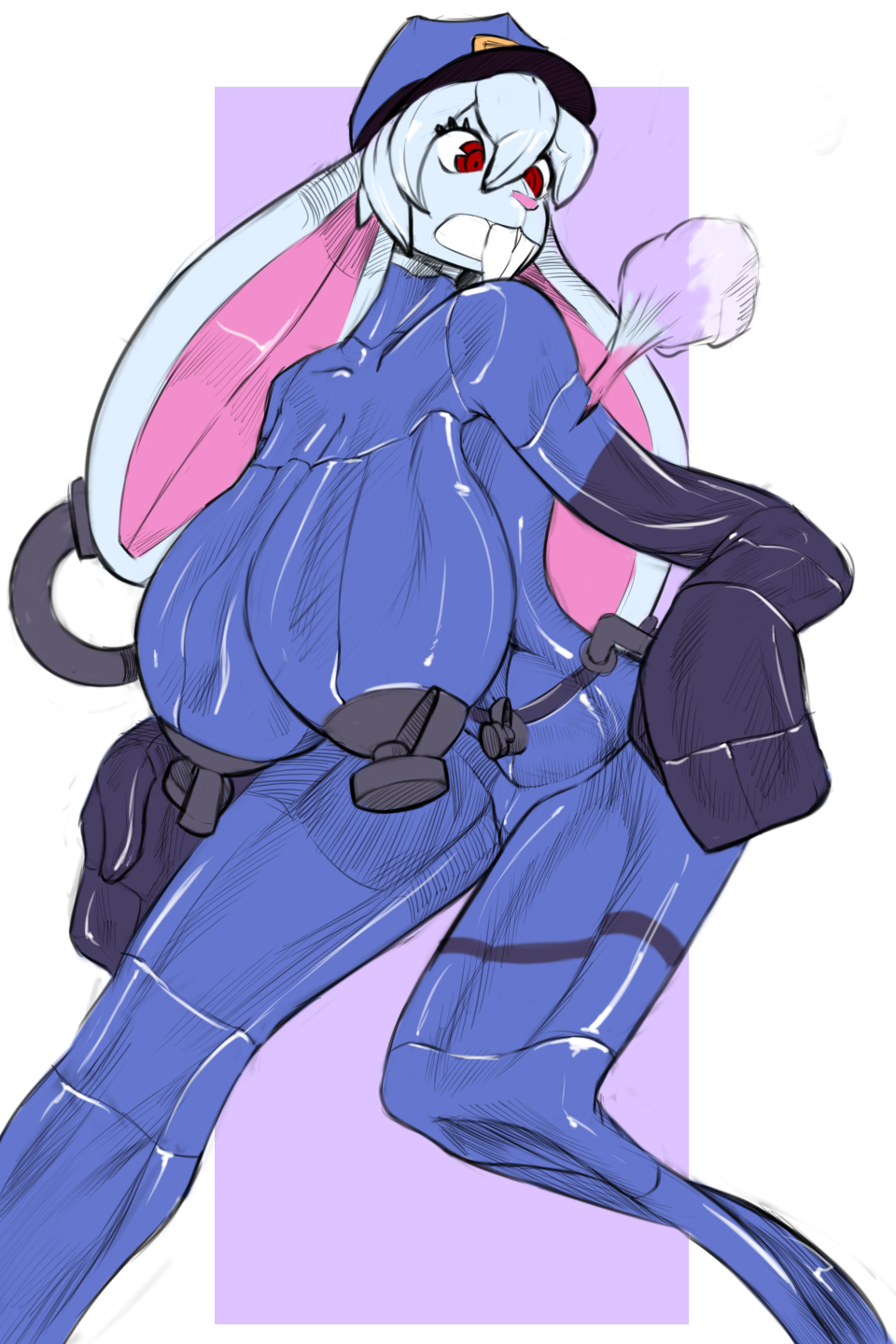 big_ass big_breasts black_gloves bunny_ears bunny_girl deflation elbow_gloves flat flattened furry gloves grabbing_breasts handlebars hyper inflatable latex living_inflatable nozzle permanent_smile police police_uniform pool_toy popping rubber surprised thick_thighs white_hair