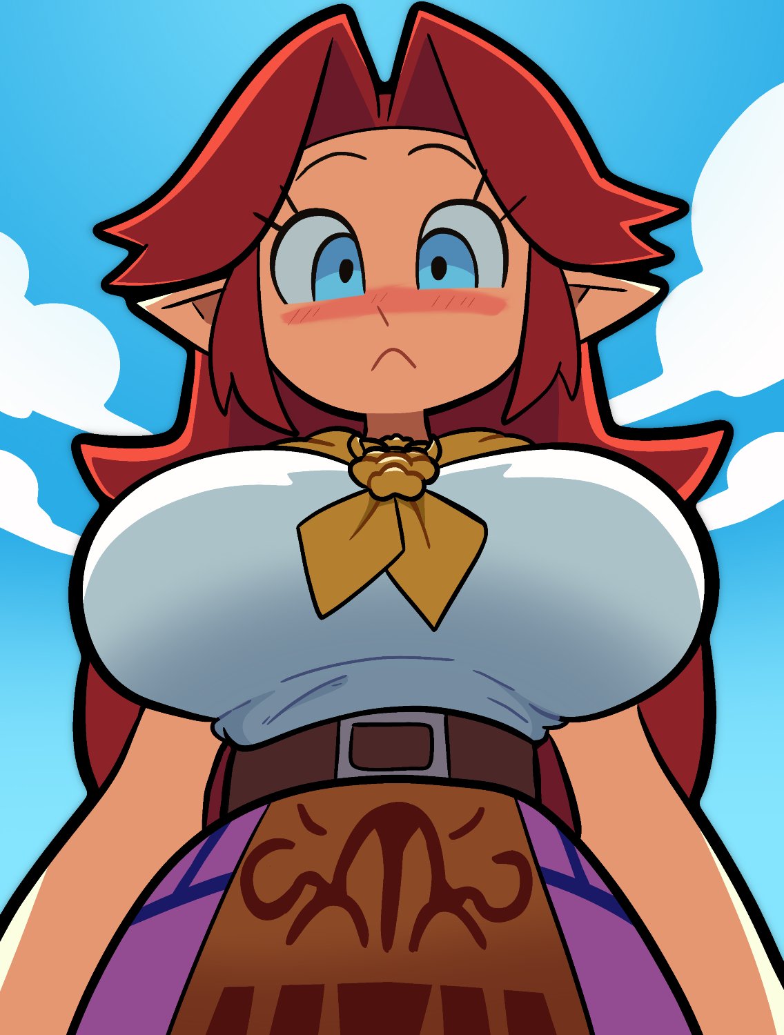 1girls belt big_breasts blue_eyes blue_sky blush blushing breasts clothed cremia elf_ears fully_clothed fully_clothed_female huge_breasts light-skinned_female light_skin long_hair long_hair_female majora's_mask malon no_visible_genitalia no_visible_nipples ocarina_of_time orange_hair purple_dress red_hair scottfalco_(artist) sleveeless_shirt small_waist the_legend_of_zelda white_sclera white_shirt white_top wide_hips