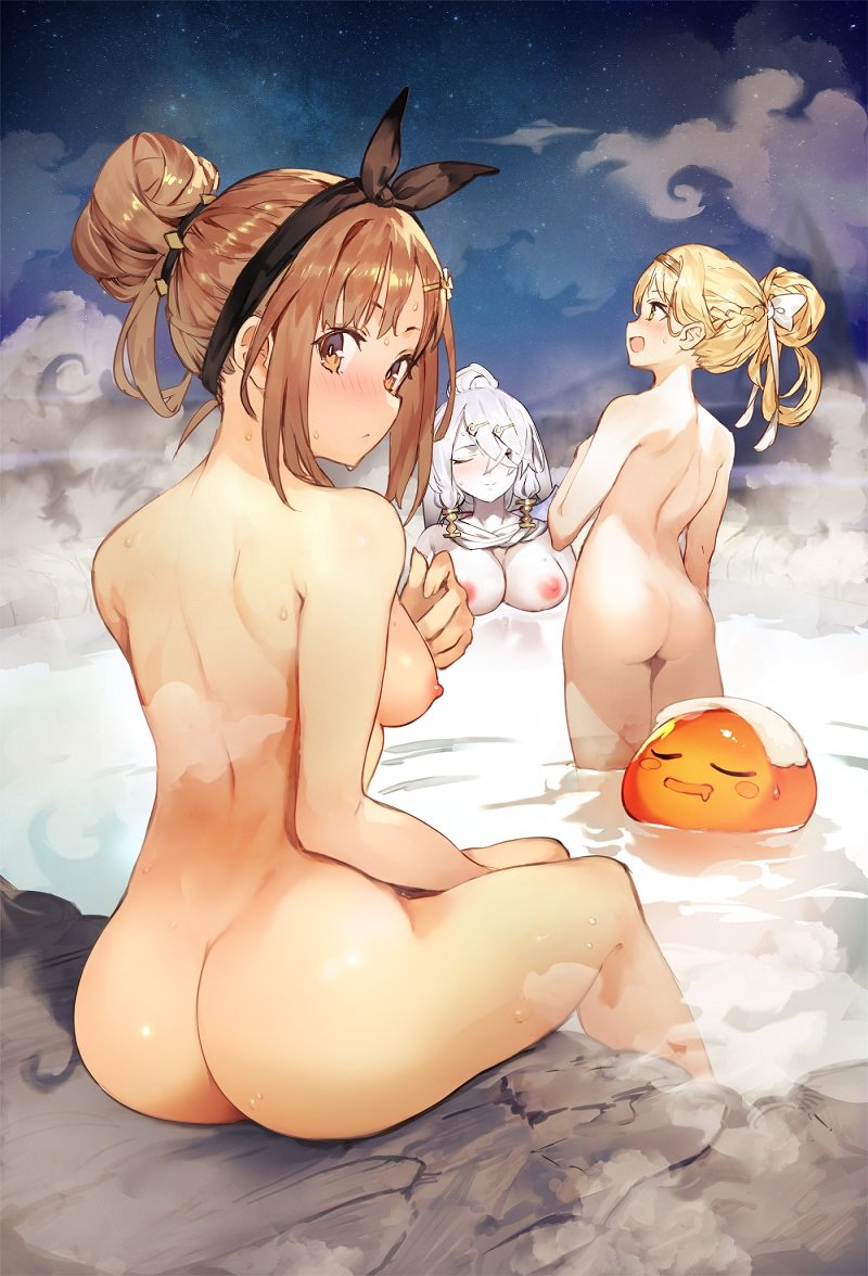 3girls atelier_(series) atelier_ryza bath blonde_hair blush blush breasts brown_eyes brown_hair hot_spring light_skin nipples nude nude_edit nude_filter onsen puni_(atelier) reisalin_stout silver_hair steam yellow_eyes