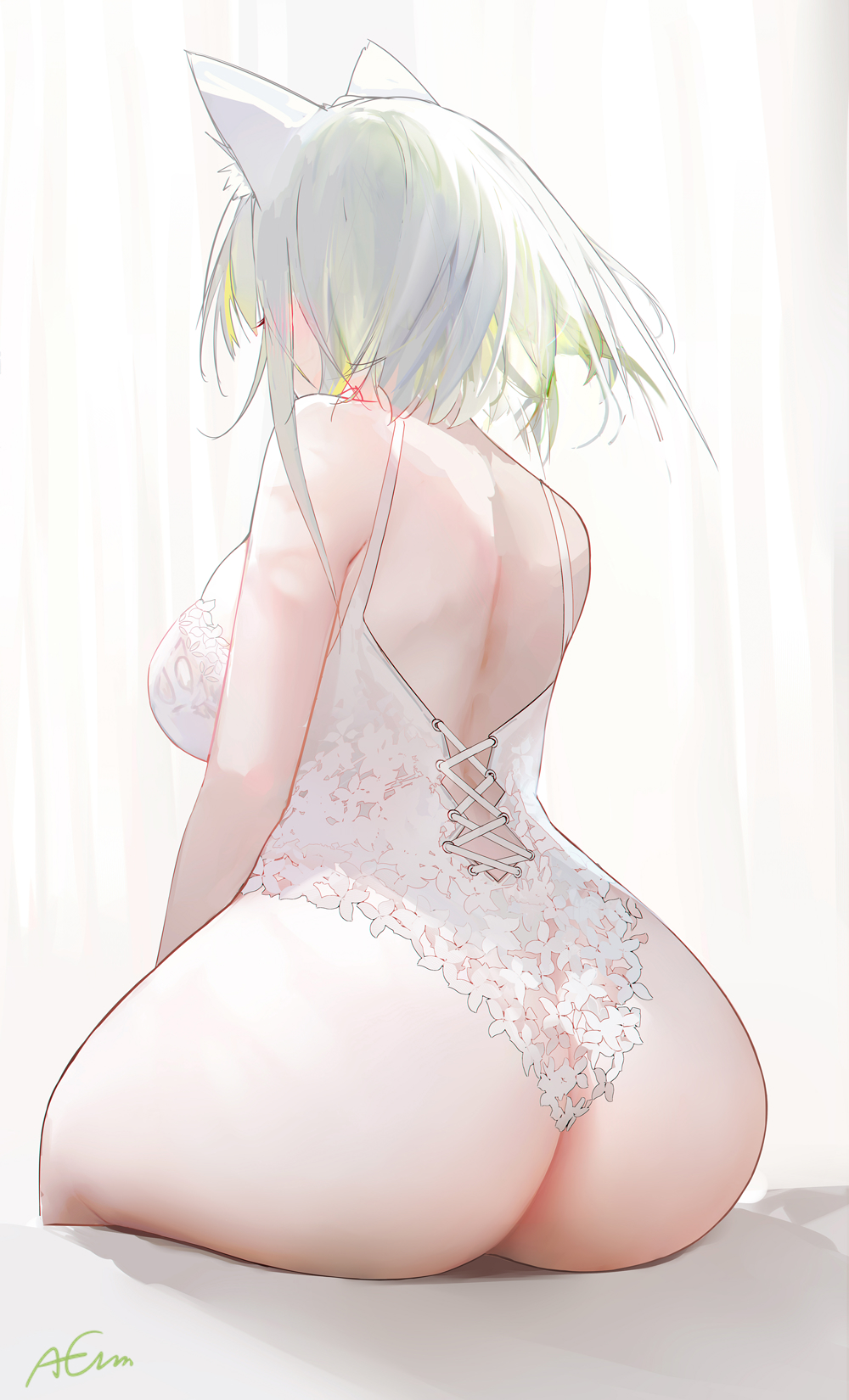 agm arknights bare_ass blush embarrassed facing_away huge_ass kal'tsit_(arknights) lace leotard omone_hokoma_agm sitting_on_bed