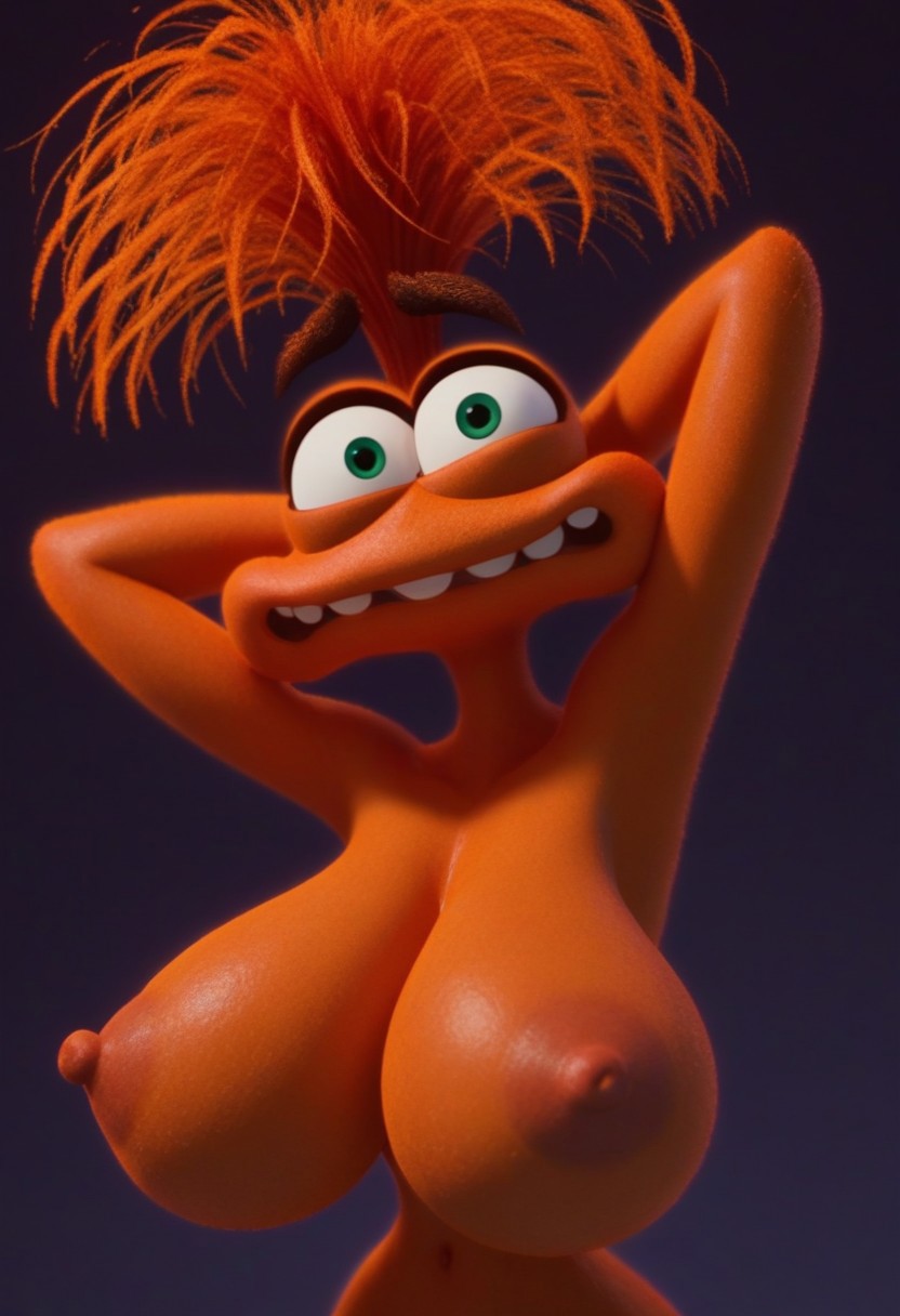 accurate_art_style ai_generated anxiety_(inside_out) arms_behind_head civitai coloredbin.ai coloredbin_ai green_eyes hands_behind_head huge_breasts inside_out inside_out_2 large_breasts long_mouth massive_breasts nervous nervous_expression nervous_smile orange_body orange_hair orange_nipples orange_skin presenting_breasts purple_background simple_background top_heavy venus_body wide-eyed wide_mouth