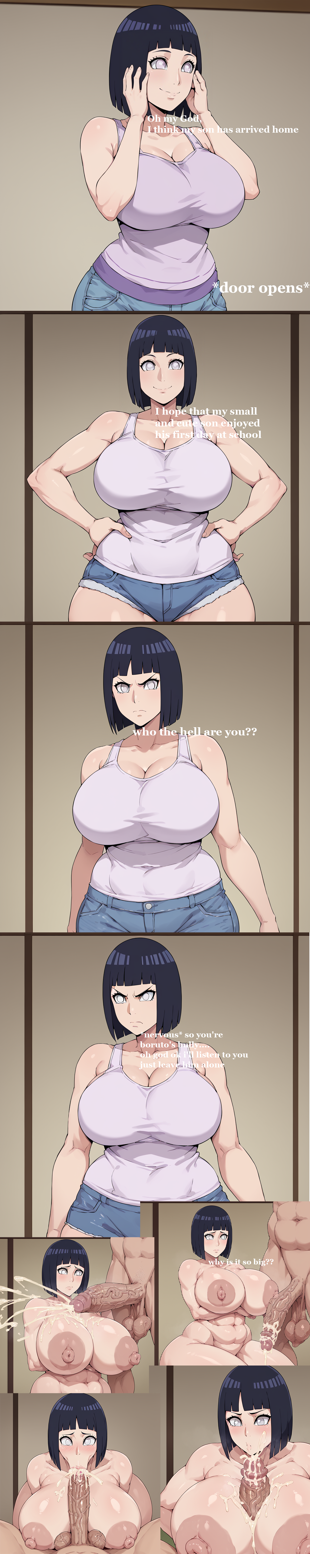 ai_assisted ai_generated big_breasts blowjob bullying comic cum huge_breasts huge_cock humiliated hyuuga_hinata hyuuga_hinata milf ntr son