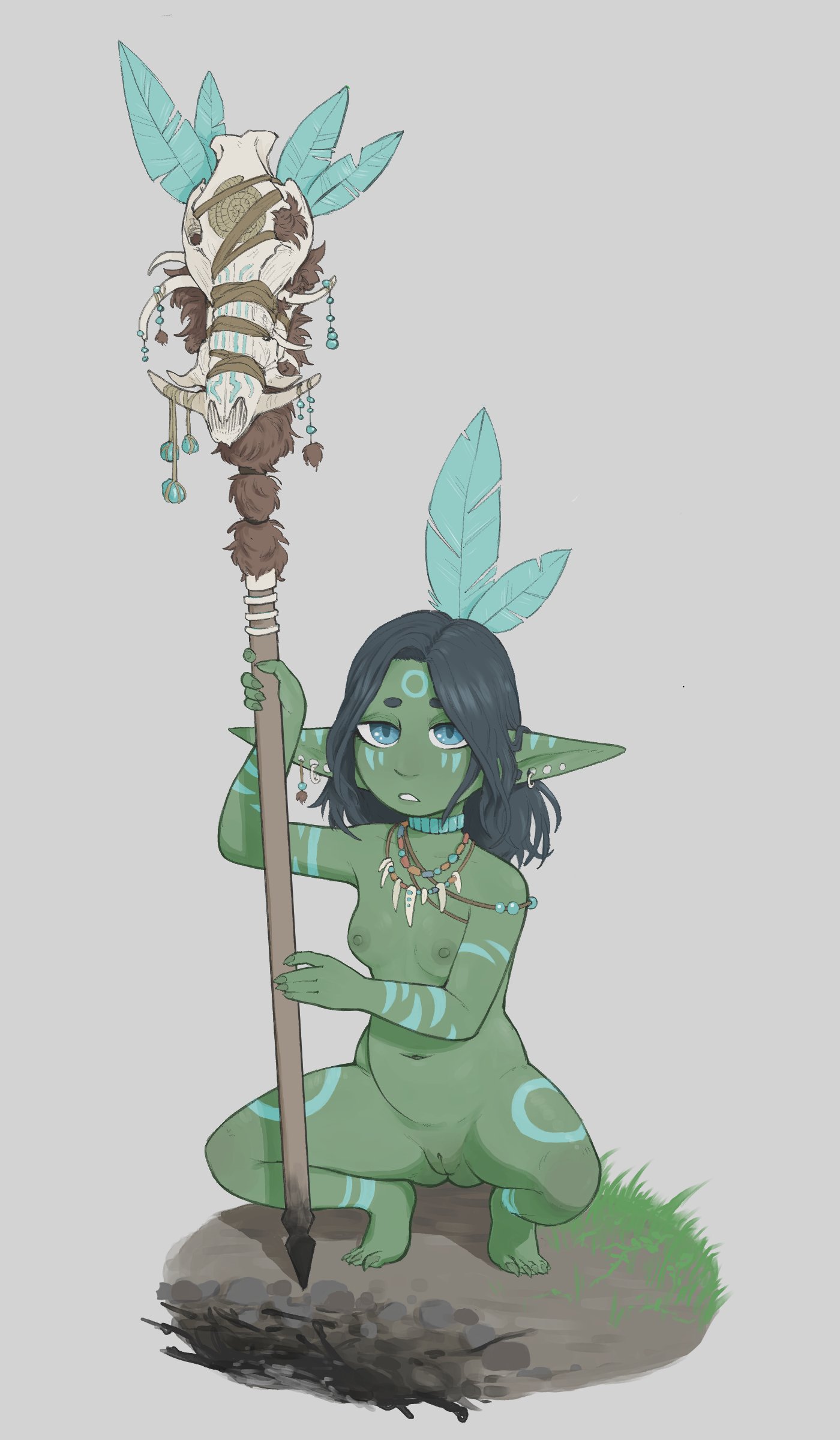 barefoot, breasts, feet, female, goblin, goblin female, green skin, monster, monster girl, plinkgrn, pussy, shaman, shortstack, staff
