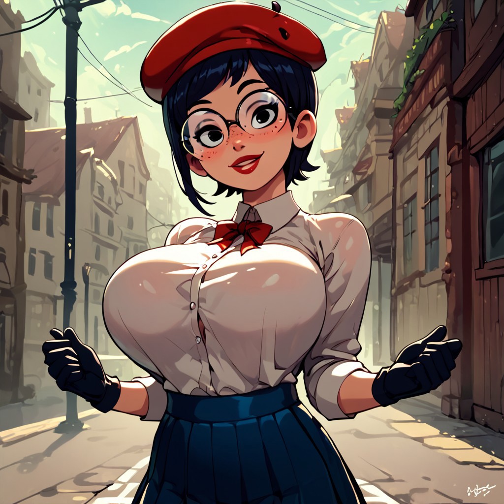 1girls ai_generated beret big_breasts bow bowtie breasts breasts busty busty_female carmen_sandiego_(2019) carmen_sandiego_(franchise) complex_background female female female_focus female_only glasses gloves hat julia_argent julia_argent_(carmen_sandiego) large_breasts lips lipstick looking_at_viewer red_beret red_hat short_hair solo solo_female solo_focus standing white_shirt zupern0va_(manipper)