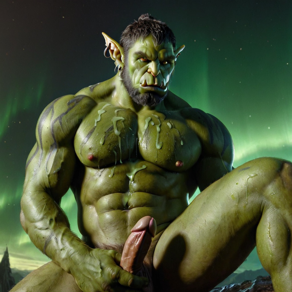 bara big_muscle big_penis erection green_skin huge_cock ia_generated male muscular_male orc orc_male orced penis