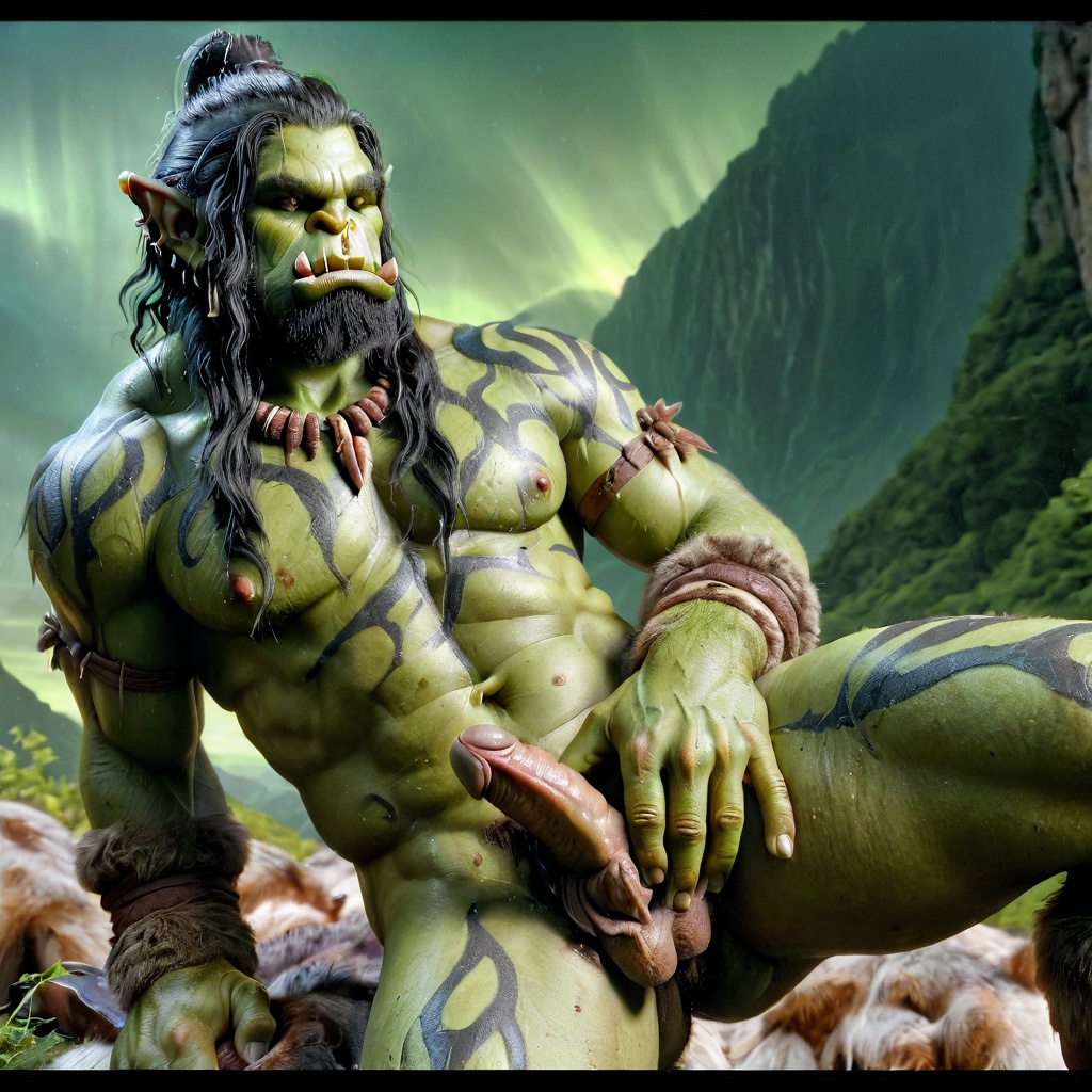 ai_generated bara big_muscle big_penis erection green_skin huge_cock ia_generated male muscular_male orc orc_male orced penis