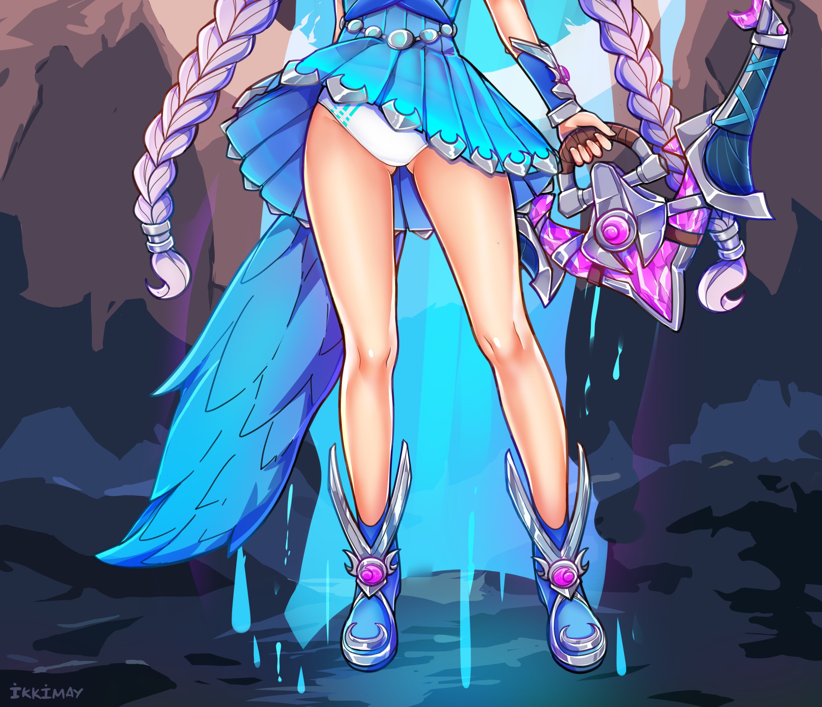 1girls, bow (weapon), female, female only, ikkimay, io (paladins), light skin, light-skinned female, paladins, panties, skirt, solo, weapon, white panties