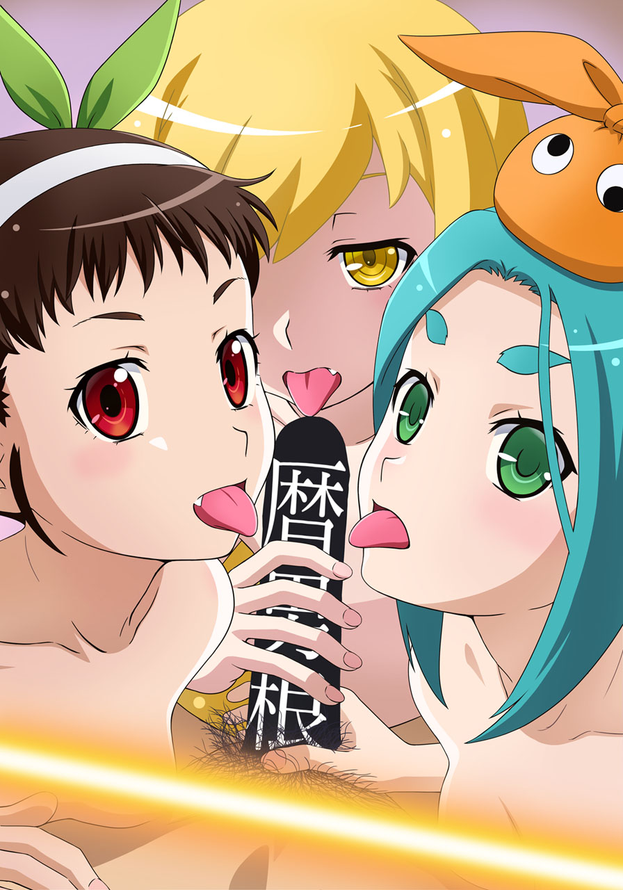 1boy 3girls aqua_hair bakemonogatari blonde_hair blush brown_hair censored green_eyes hachikuji_mayoi highres imminent_fellatio monogatari_(series) multiple_girls oerba_yun_fang ononoki_yotsugi oshino_shinobu penis pov pubic_hair red_eyes tongue tongue_out tooo yellow_eyes