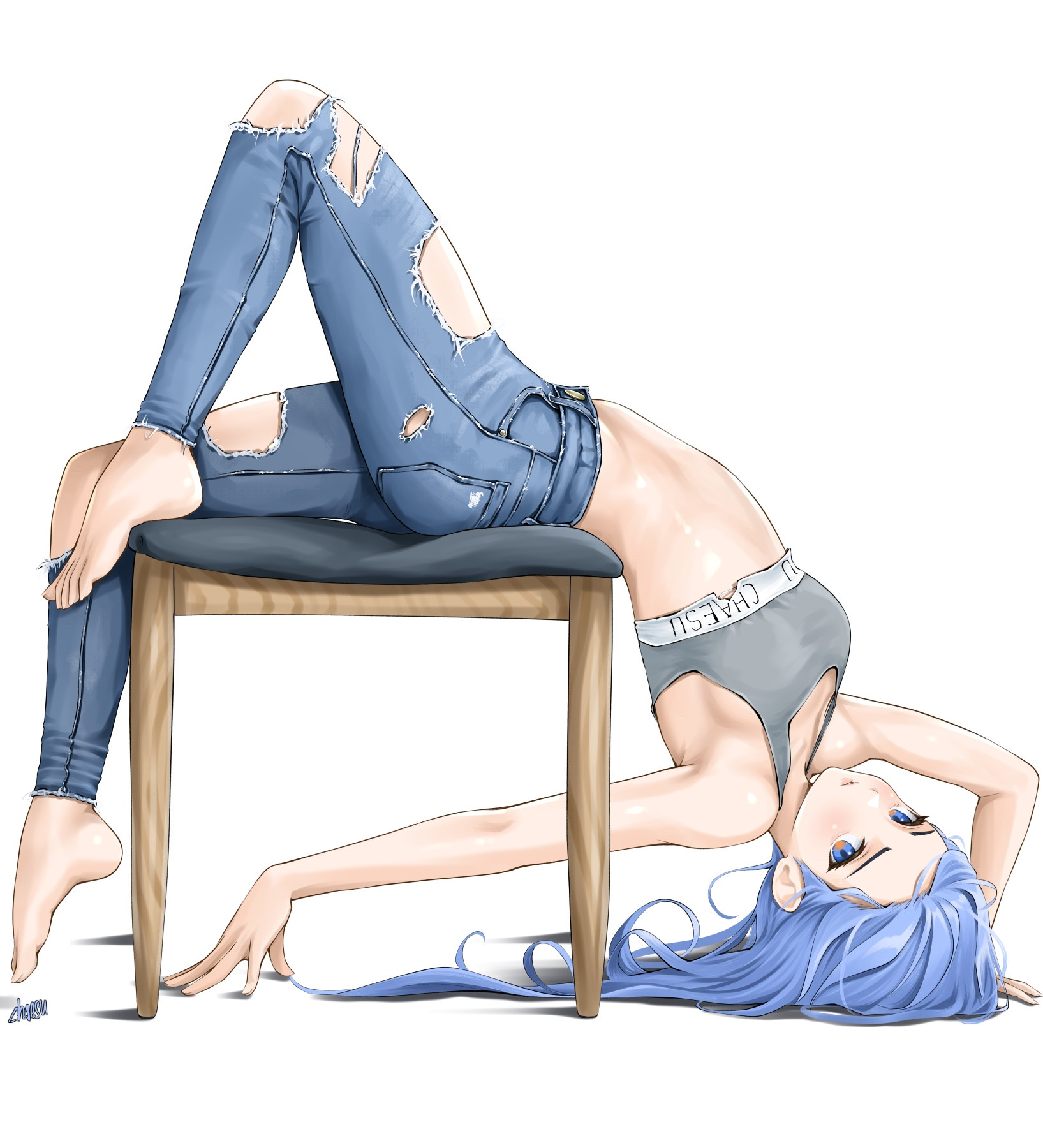 1girls, blue eyes, blue hair, bra, chaesu, female, female only, flexible, fully clothed, hair, jeans, long hair, looking at viewer, minah, original, original character, pose, posing, stomach, upside-down