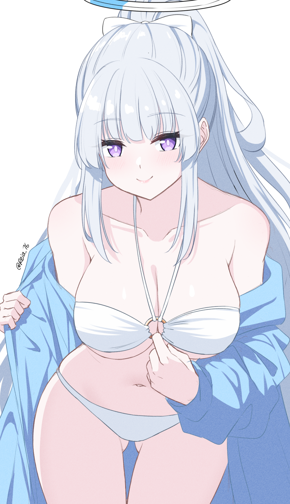 1girls 2d belly_button bikini blue_archive breasts female female_only huge_breasts light-skinned_female light_skin millennium_science_school_student noa_(blue_archive) purple_eyes reia_76 seminar_(blue_archive) smile solo white_hair