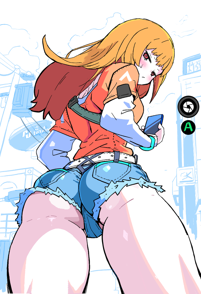1girls, ass, belt, blush, cellphone, character request, denim, denim shorts, female, hoyoverse, long hair, looking at viewer, looking back, mihoyo, red eyes, shorts, solo, sweatdrop, t-shirt, thick ass, thick thighs, thighs, yaki apple, zenless zone zero