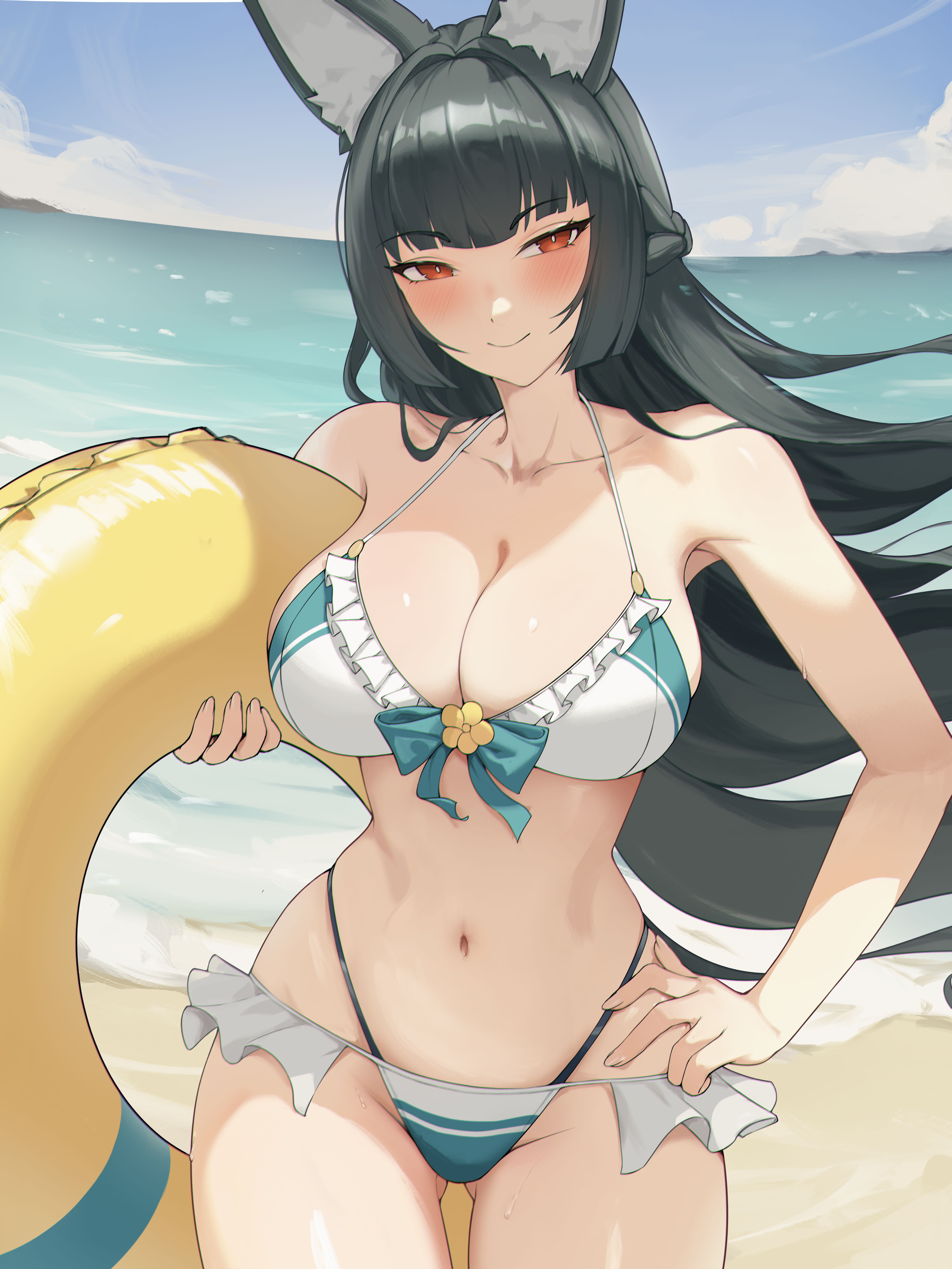 animal ears, beach, bikini, black hair, breasts, elias (artist), female, fit, fit female, fluffy ears, fox ears, fox girl, hollow special operations section 6, hoshimi miyabi, kemonomimi, large breasts, looking at viewer, red eyes, slim waist, standing, zenless zone zero