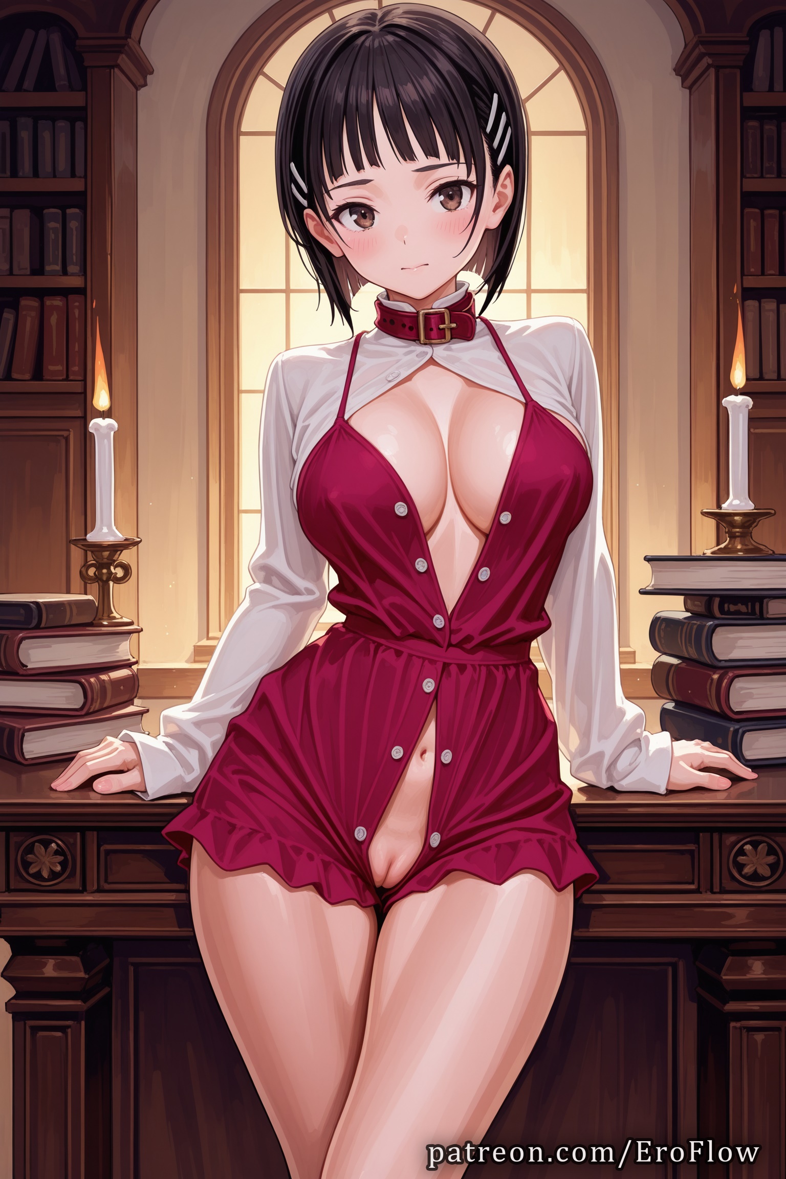 1girls, 2025, ai generated, arm support, bangs, black hair, blush, book, book stack, bookshelf, breasts, brown eyes, candle, cleavage, cleft of venus, closed mouth, clothing, collar, desk, dress, eroflow, female, female only, hair ornament, hi res, highres, indoors, kirigaya suguha, large breasts, legs, long sleeves, looking at viewer, navel, open clothes, patreon, pussy, pussy peek, shirt, short hair, solo, sword art online, table, thigh gap, thighs, unbuttoned, uncensored, voluptuous, voluptuous female, white shirt, window