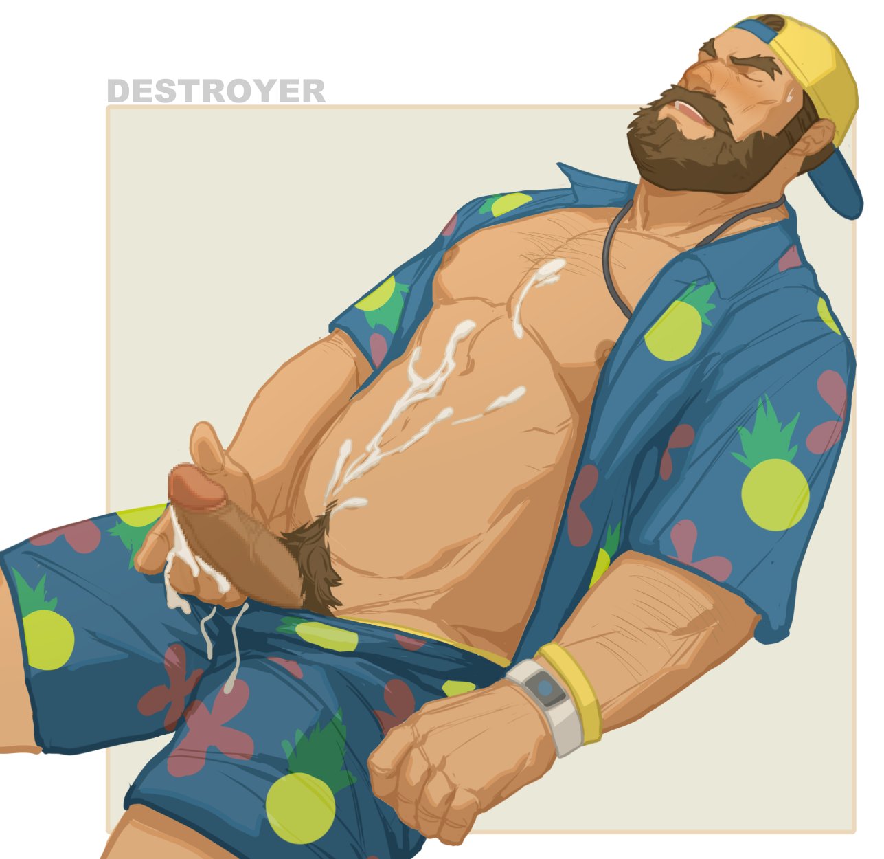 1boy abs backwards_hat bara baseball_cap beard blue_shirt character_name closed_eyes commentary_request cum cum_on_body cum_on_hands cum_on_self cum_on_stomach destroyer_(ni_no_kuni) erection facial_hair hat highres jewelry male male_focus male_only muscular muscular_male navel_hair necklace ni_no_kuni:_cross_worlds nipples open_mouth orgasm pectorals penis pubic_hair ryker shirt sweatdrop unbuttoned yellow_hat