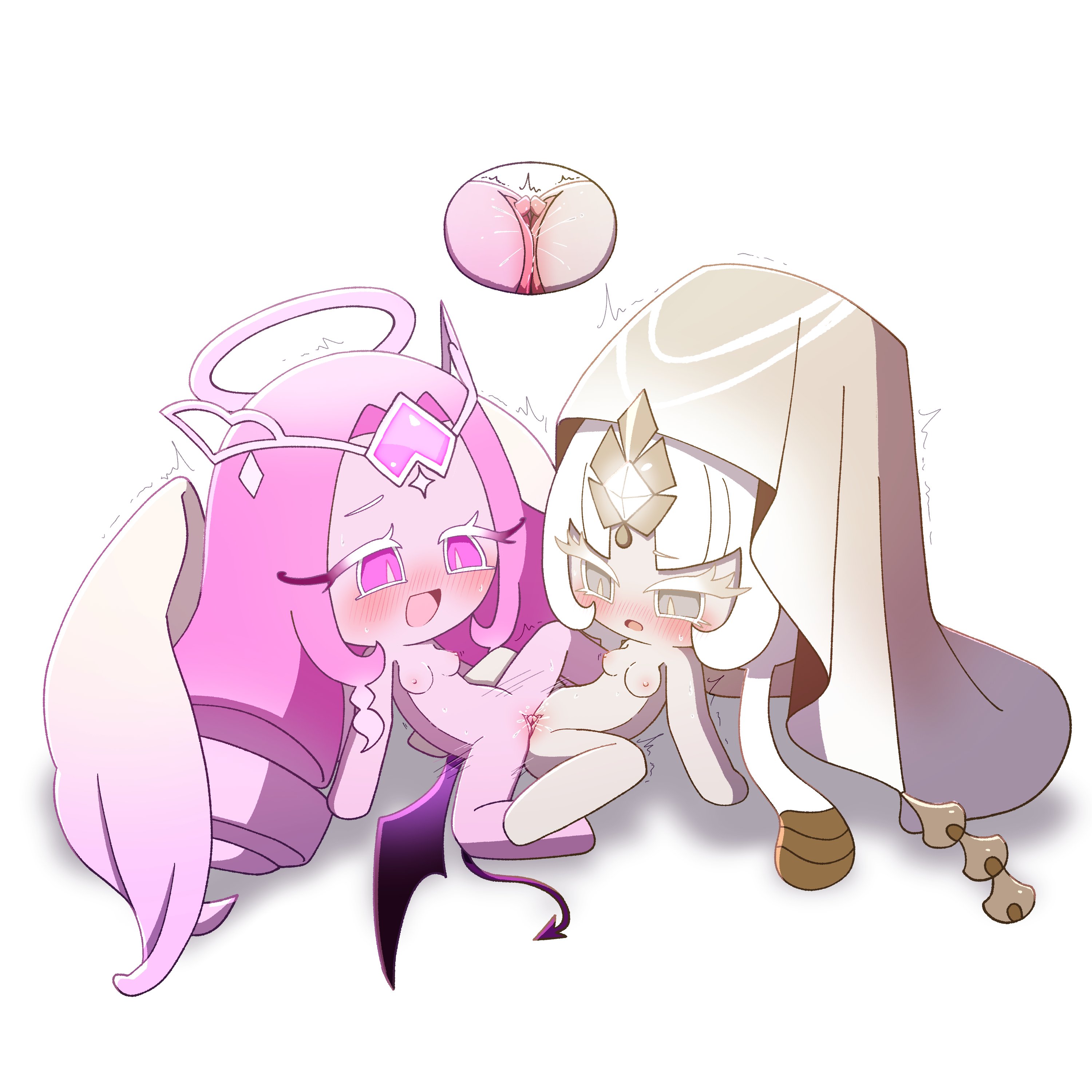 blush, breasts, clitoral stimulation, clitoris, close-up, cookie run, cookie run kingdom, eternal sugar cookie, female, lesbian, lesbian sex, medium breasts, morinowitch, mystic flour cookie, pussy, scissoring, tribadism, yuri
