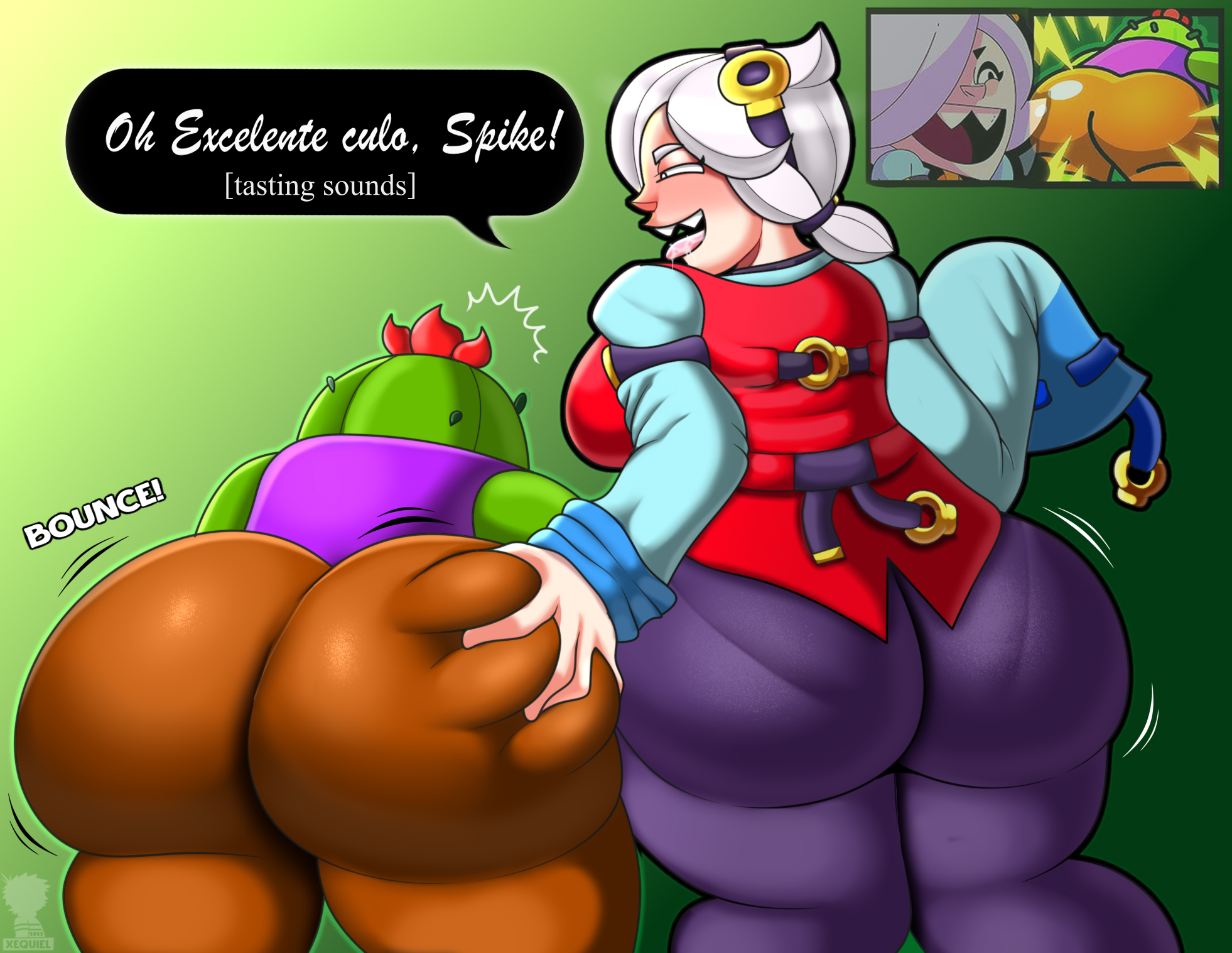 1boy, 2d, 2d (artwork), ass, ass grab, bouncing ass, brawl stars, breasts, brown pants, cactus, colette (brawl stars), dialogue, female, grey pants, huge ass, human, large breasts, male, open mouth, purple clothing, red clothing, saliva, sharp teeth, skindentation, spanish text, spike (brawl stars), supercell, thick thighs, thighs, tongue, tongue out, watermark, white hair, xequiel