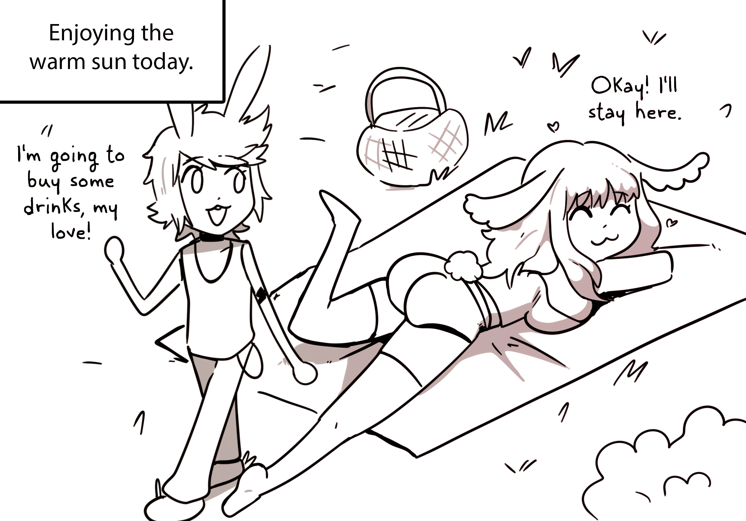 1boy, 1girls, ass, big ass, big butt, bunny ears, bunny girl, bunny tail, closed eyes, english text, female, hasselnut, laying down, laying on stomach, legwear, male, original, picnic, shorts, smile, sunny (wolfgang bang), text, text box, thighhighs, tommy (wolfgang bang), uncolored, wolfgang bang