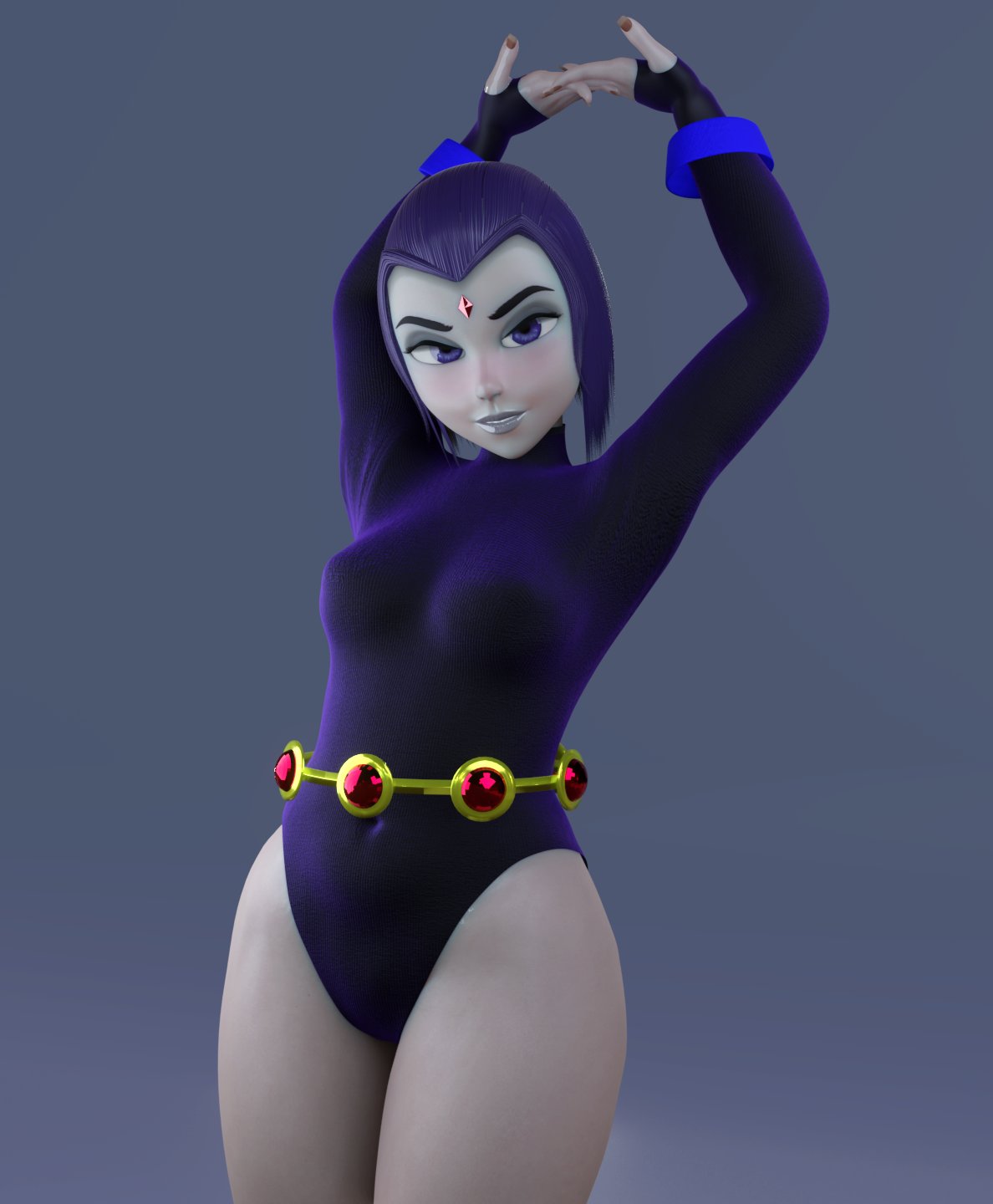3d, 3d (artwork), ass, athletic, athletic female, belt, blender (software), breasts, clothing, dc, dc comics, demon, demon girl, eyelashes, female, female focus, female only, fit, fit female, french nails, grey body, grey skin, grey-skinned female, half demon, hourglass figure, human, humanoid, large breasts, legs, leotard, light skin, light-skinned female, lips, pale skin, pale-skinned female, purple eyes, purple hair, raven (dc), short hair, smitty34, solo, sorceress, superhero, superheroine, teen titans, thick thighs, thighs, upper body, voluptuous, wide hips, wristwear