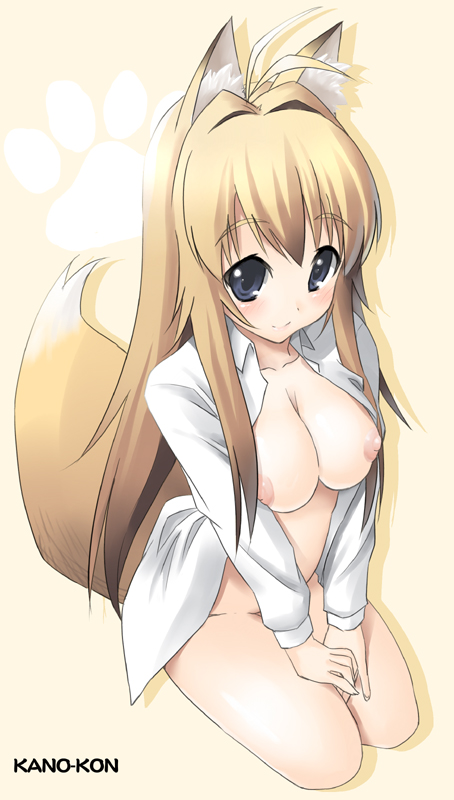 1girls 2d animal_ears antenna_hair blonde_hair bottomless breasts fox_ears kakifly kanokon large_breasts long_hair minamoto_chizuru nipples open_clothes open_shirt purple_eyes shirt solo tail