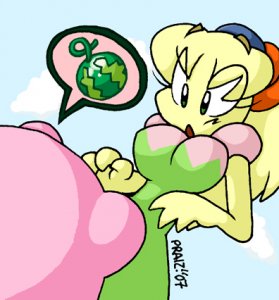 2007 clothed fumu-tan kirby kirby:_right_back_at_ya! kirby_(series) large_breasts nintendo praiz speech_bubble surprised tiff_(kirby) watermelon