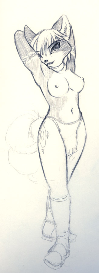 anthro arms_behind_head blue_deer boots breasts clothes female female_only footwear fox front_view fur furry furry_breasts furry_ears hair krystal looking_at_viewer monochrome navel open_eyes pointy_ears short_hair sketch solo standing star_fox topless video_games white_background