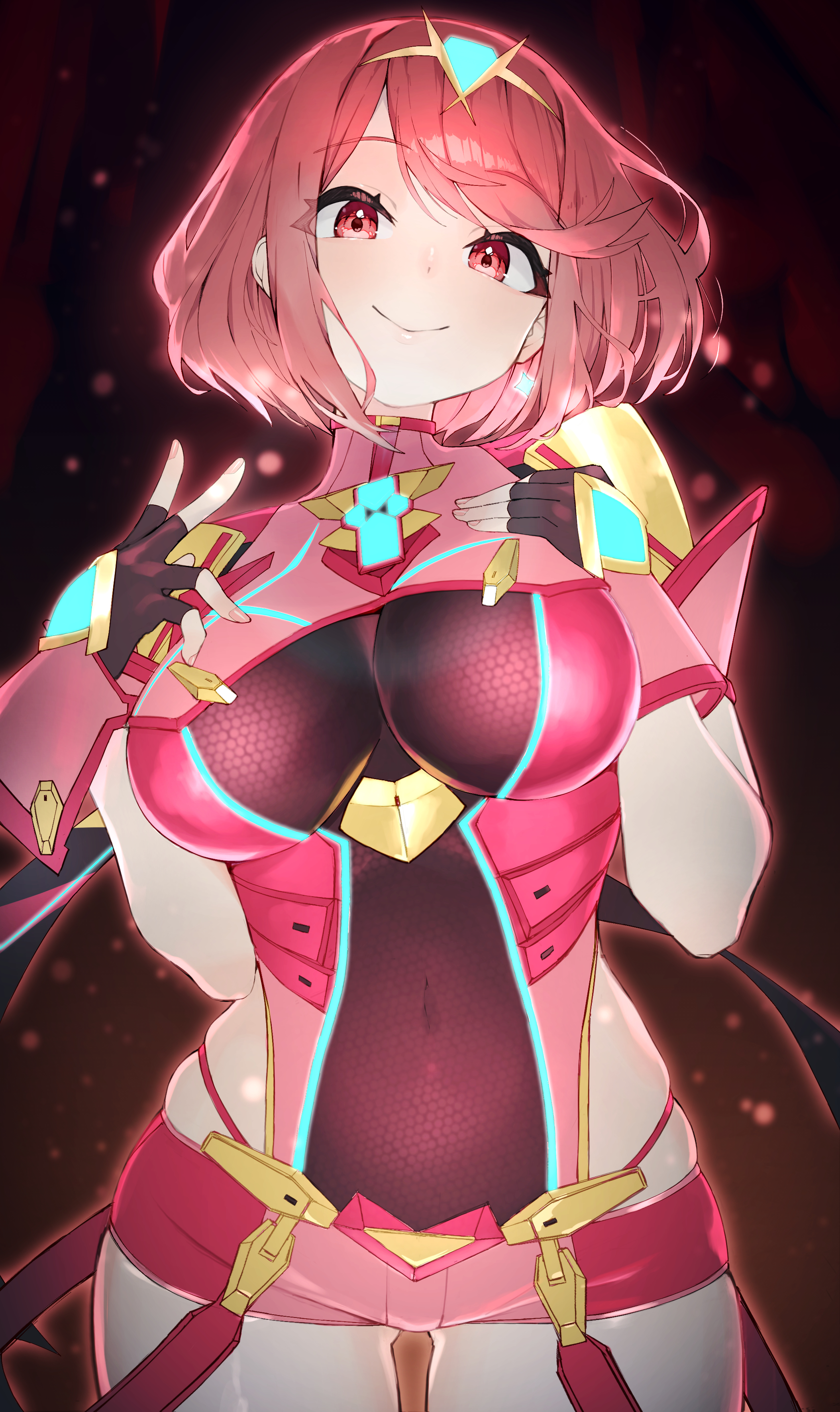 1girls, absurdres, blush, bracer, breasts, chest jewel, closed mouth, core crystal, covered navel, female, female only, fingernails, gem, green gemstone, highres, large breasts, leotard, looking at viewer, medium hair, pink nails, pyra, red eyes, red hair, red leotard, red shorts, rindoriko, see-through clothes, see-through leotard, shorts, smile, solo, swept bangs, thighs, tiara, xenoblade (series), xenoblade chronicles 2, yellow tiara