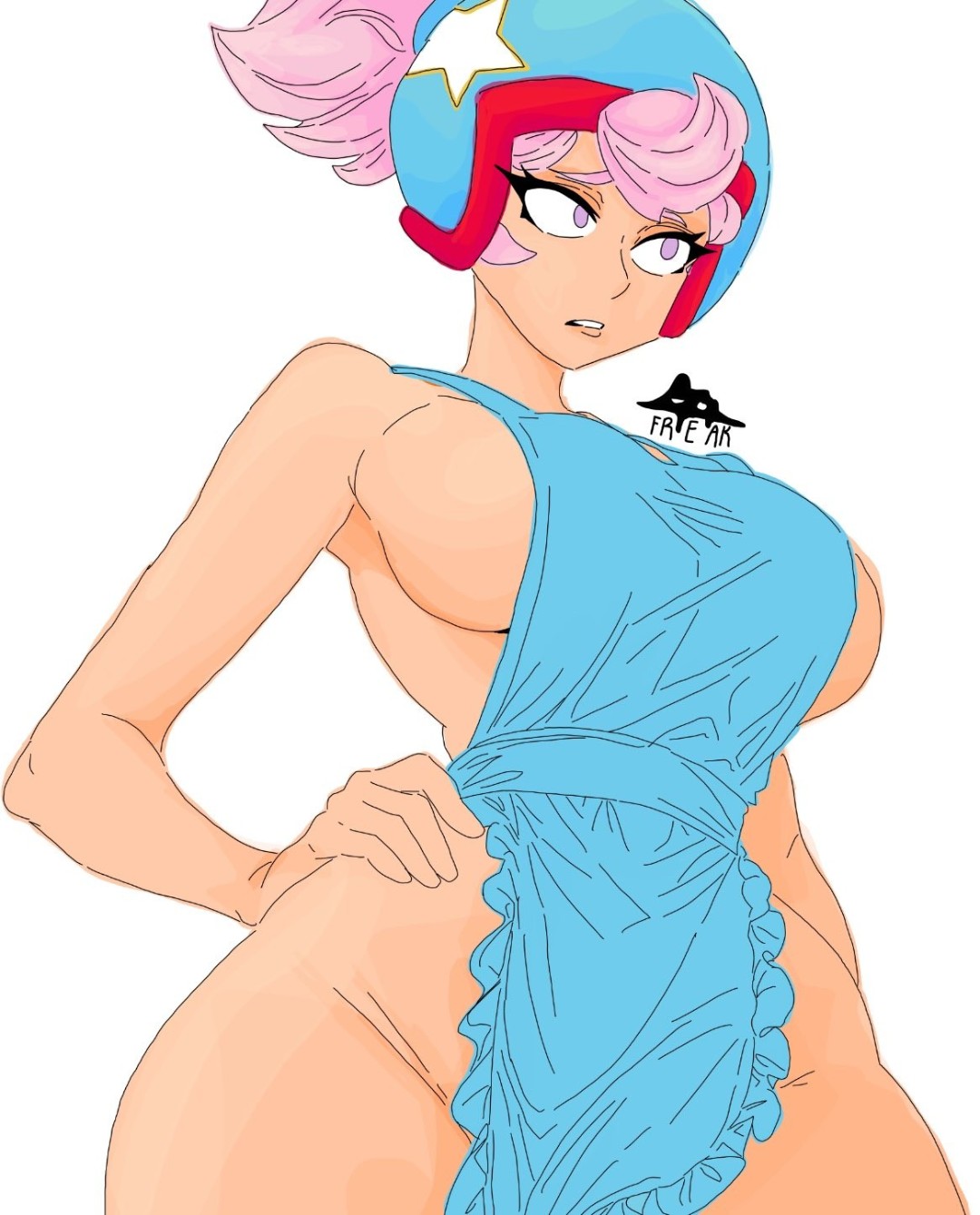 1girls, 2025, apron, apron only, big ass, big breasts, brawl stars, breasts, dplasma, female, helmet, janet (brawl stars), nude, pink hair, small waist, solo, supercell, white background, wide hips