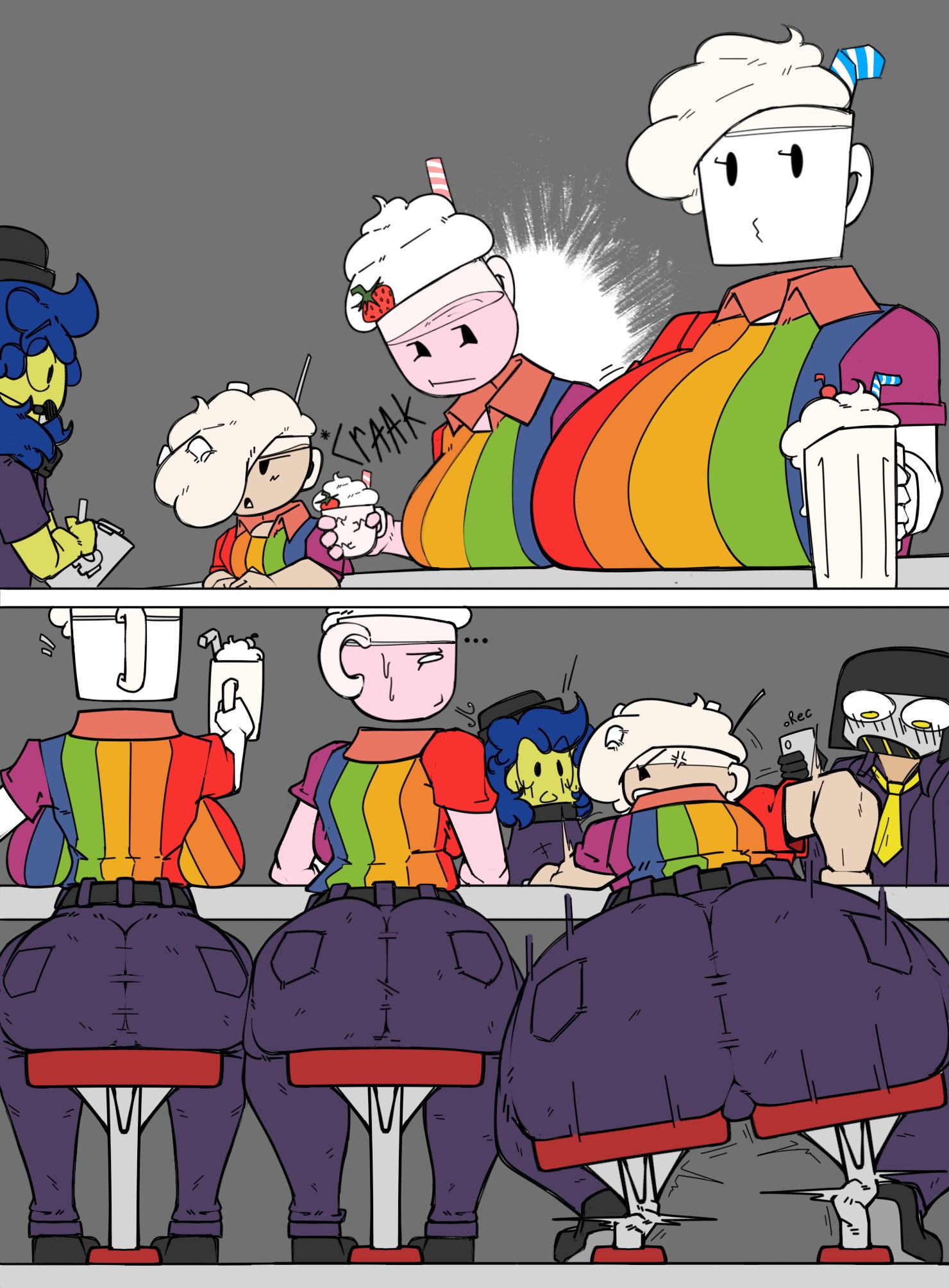 1boy, 1femboy, 2girls, annoyed, ass, ass focus, back view, belt, berri (managerfry), big ass, big breasts, blush, breasts, button down shirt, clothed, cocoa (managerfry), curvy figure, dairy (managerfry), dummy thicc, female, femboy, food, food creature, food humanoid, front view, holding, holding object, huge ass, huge breasts, large breasts, male, managerfry, milkshake, original, original character, pants, sitting, tagme, thick thighs, tight clothing, two chairs for one, uniform, unusual anatomy, viewed from behind, wide hips