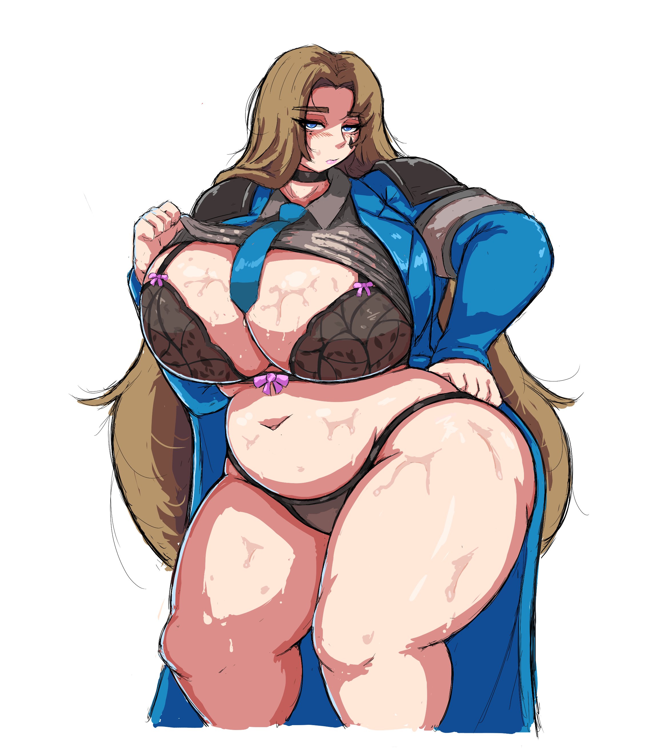 1girls, bbw, belly, bra, breasts, female, huge breasts, limbus company, lingerie, littleteze, project moon, rodion (limbus company), sweat, sweaty, sweaty body, the sword sharpened with tears (e.g.o), walpurgis, walpurgis night