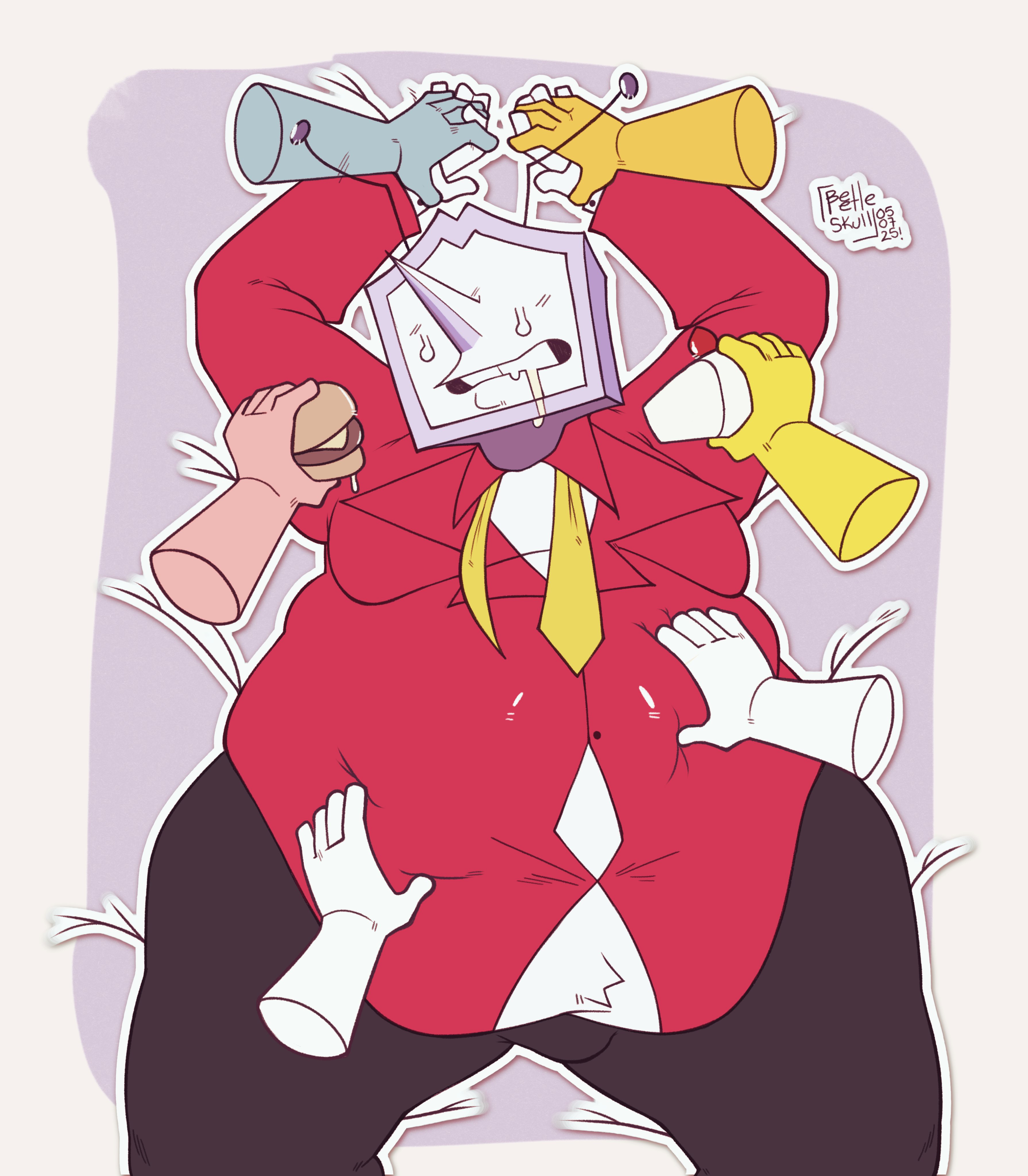 belly grab, deltarune, deltarune chapter 3, drool, drool string, drooling, fat, fat fetish, fat male, feederism, feeding, loose necktie, loose tie, male, stomach grab, sweat, sweating, sweaty, tenna (deltarune), tight clothes, tight clothing