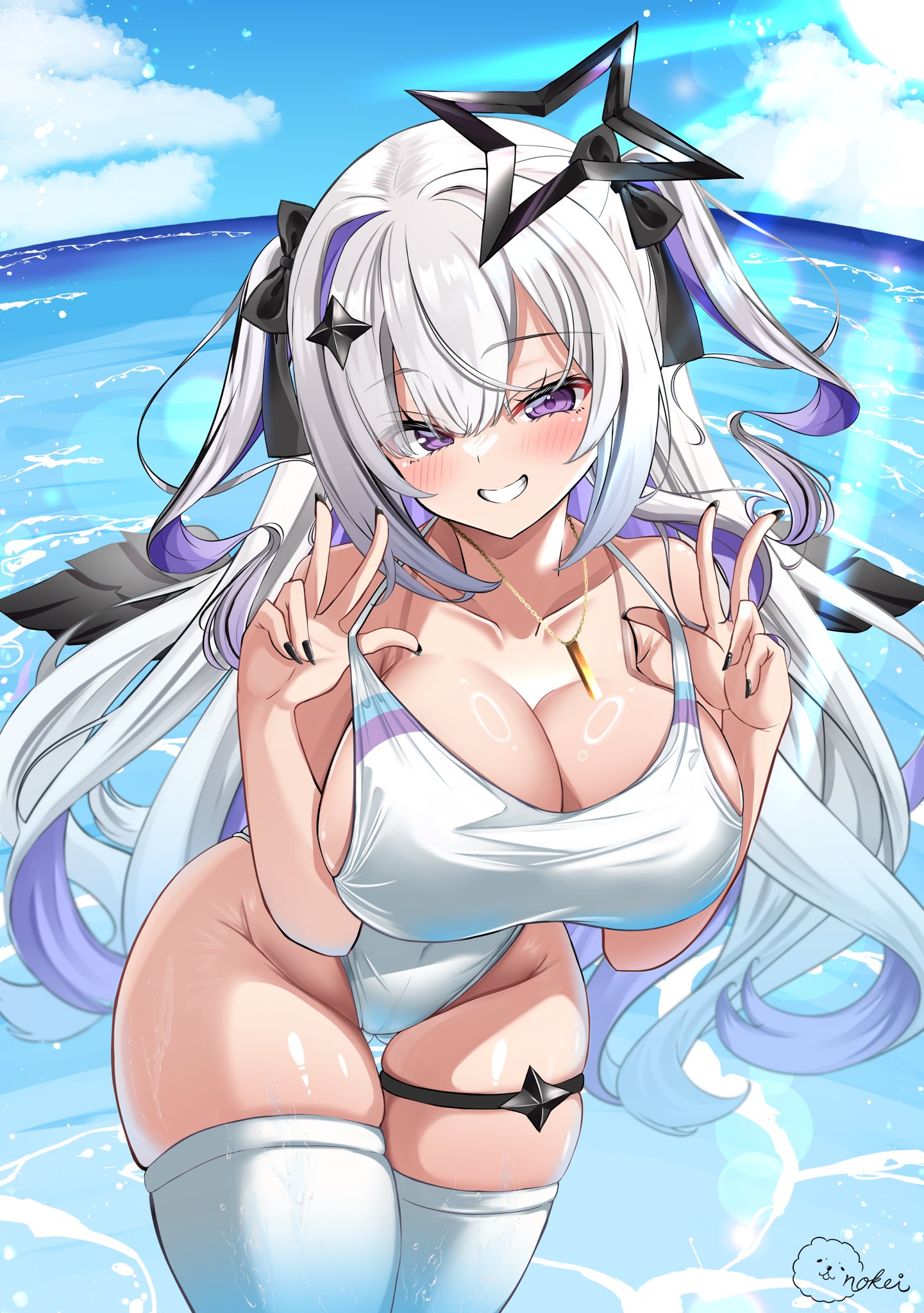amane konata, black hair, black wings, breasts, cleavage, clothes pull, double w, feathered wings, female, grey hair, halo, highleg, highleg one-piece swimsuit, highres, hololive, inokeiwd, large breasts, long hair, multicolored hair, ocean, one-piece swimsuit, one-piece swimsuit pull, purple eyes, purple hair, solo, star halo, sunlight, swimsuit, two side up, two-tone hair, virtual youtuber, w, white one-piece swimsuit, wings