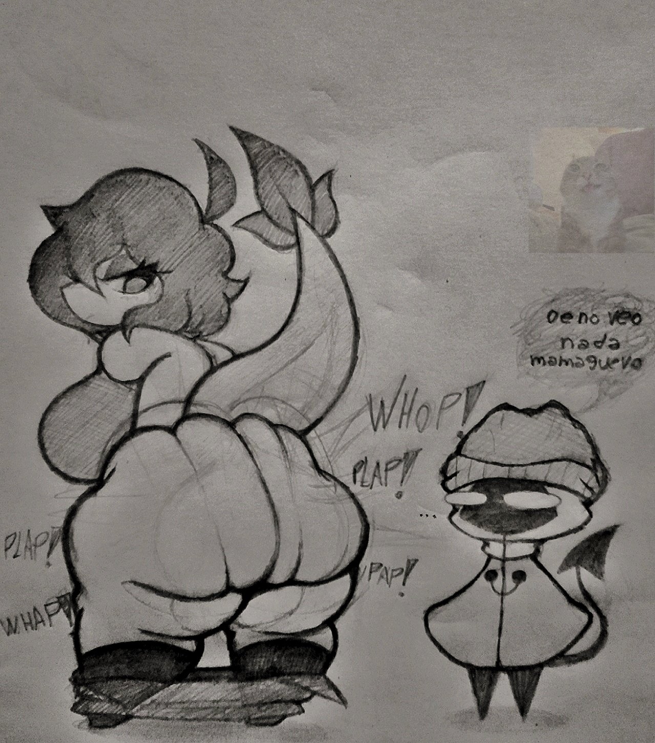 1boy, 1girls, ahoge, akari aural, ass, ass focus, bianca (akari aural), big thighs, black and white, breasts, clapping ass, clapping cheeks, demon, demon humanoid, demon tail, eyelashes, fat ass, female, fully clothed, greyscale, hat, hood, hoodie, huge thighs, leaves, living clothes, male, monochrome, oc, one eye covered, onomatopoeia, orange eyes, pants down, partially clothed, pencil (artwork), plap (sound), pointed tail, pokemon, rand0m 293, rand0m293 (oc), reptile, scalie, short hair, shorts, shortstack, sideboob, simple background, snivy, snout, socks, stockings, tail, thick thighs, thighs, traditional media (artwork), twerk, twerking, twitter user oc, two-tone body