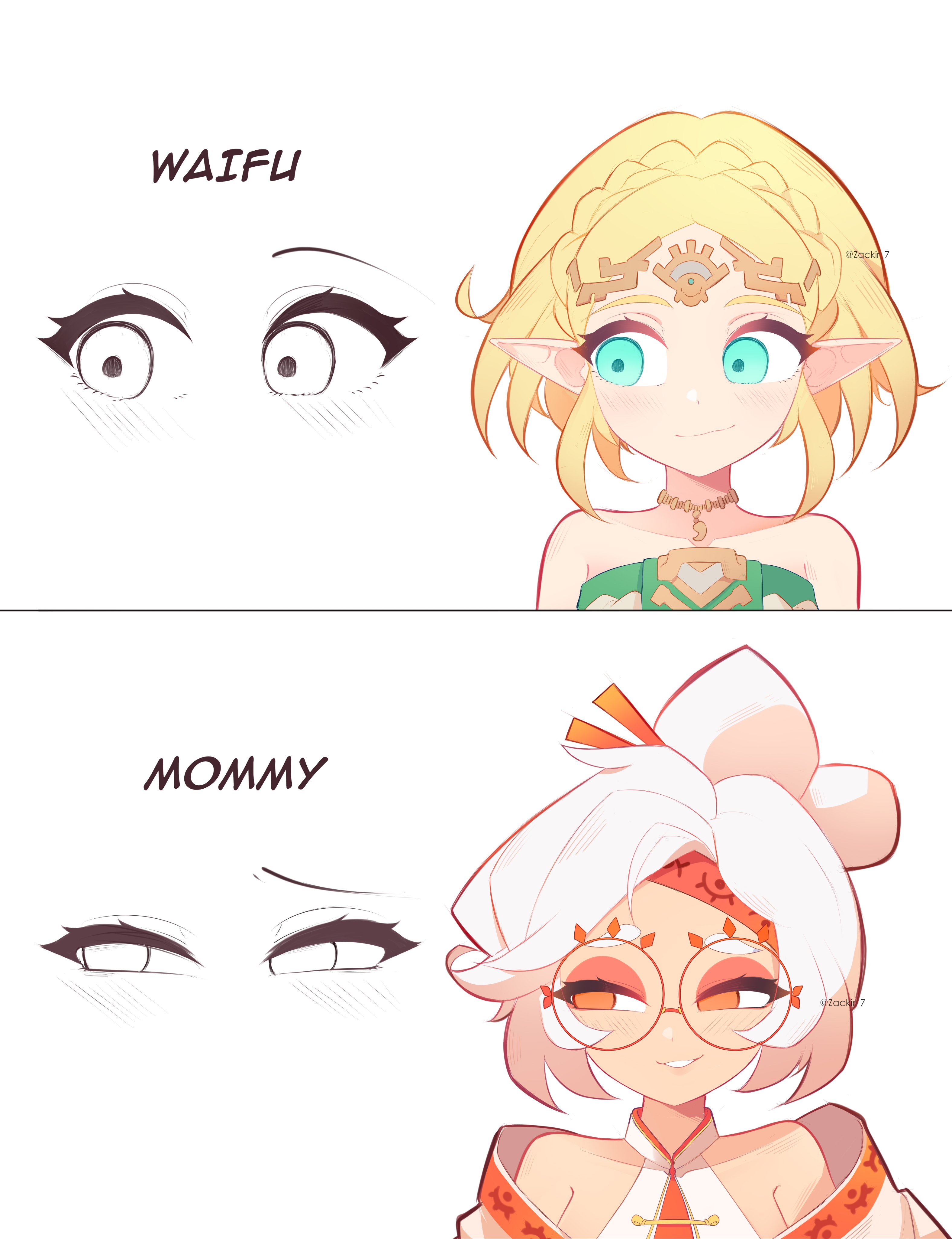 2girls, absurdres, blonde hair, blue eyes, braid, crown braid, dress, eyeshadow, female, female only, glasses, green eyes, hair bun, hair ornament, hair stick, half-closed eyes, highres, makeup, multiple females, multiple girls, nintendo, pointy ears, princess zelda, purah, red eyes, red eyeshadow, red-framed eyewear, round eyewear, sheikah, short hair, sidelocks, smile, tears of the kingdom, the legend of zelda, white hair, zahir zb7, zelda (tears of the kingdom)