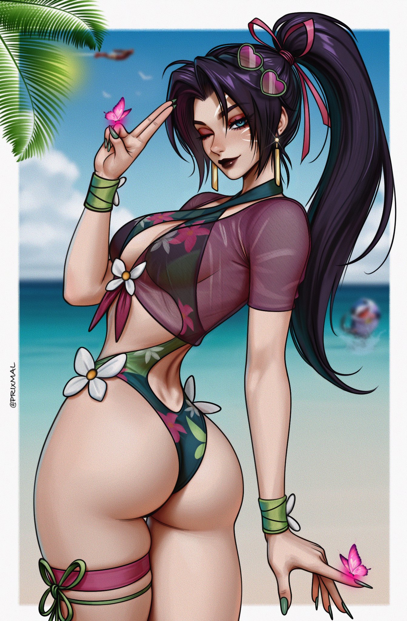 1girls, artist name, asian female, ass, background characters, bangs, beach, beach background, big ass, big breasts, big butt, bikini, black lipstick, blue eyes, blue-eyed female, blurred background, blurry, blurry background, blush, blush lines, boobs, breasts, busty, butt, butterfly, cleavage, curvy, earrings, eyelashes, eyeshadow, female, gold earrings, green nail polish, green nails, highres, iron man, iron man (marvel rivals), jeff the land shark, light skin, light-skinned female, long nails, long ponytail, makeup, marvel, marvel comics, marvel rivals, medium breasts, ocean background, one eye closed, pink eyeshadow, pinup, ponytail, prixmal, psylocke, psylocke (sai) (breezy butterfly), purple hair, purple-haired female, sea, sea background, smile, smile at viewer, solo, swimsuit, thick thighs, thigh band, thighband, wink, winking, winking at viewer, x-men
