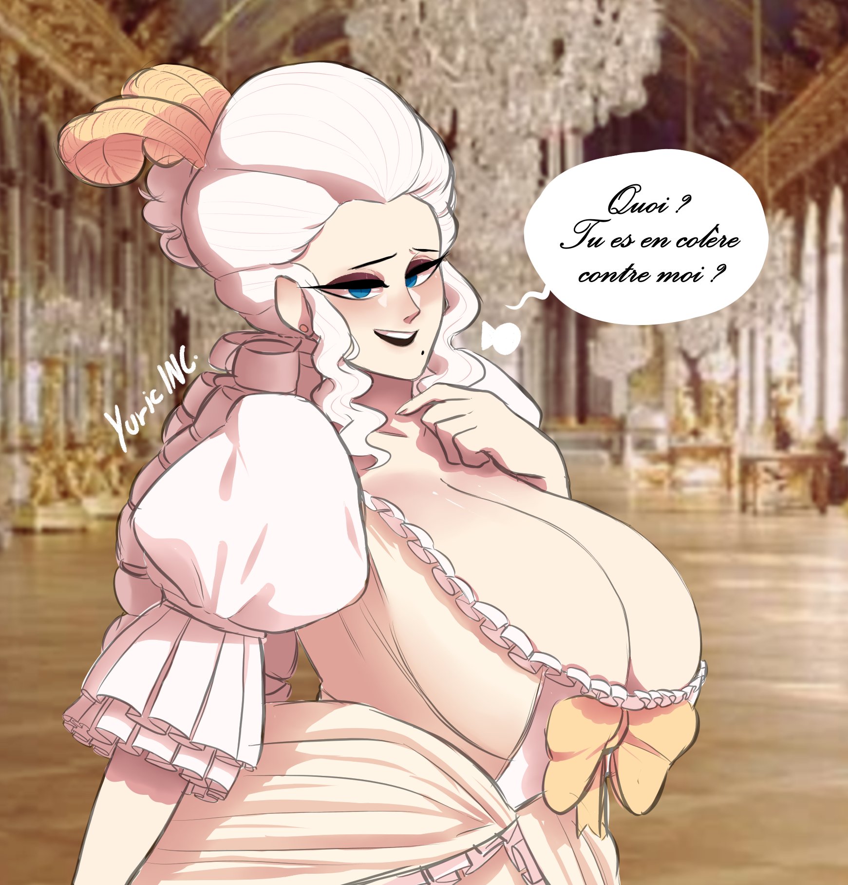 big breasts, blue eyes, bow, breasts, breasts bigger than head, cleavage, country inc (yuric inc), dress, feather in hair, female, female only, france, france (yuric inc), french female, gigantic breasts, huge breasts, humongous breasts, massive breasts, mole under mouth, monarchy, national personification, posh girl, white hair, wig, yuric inc