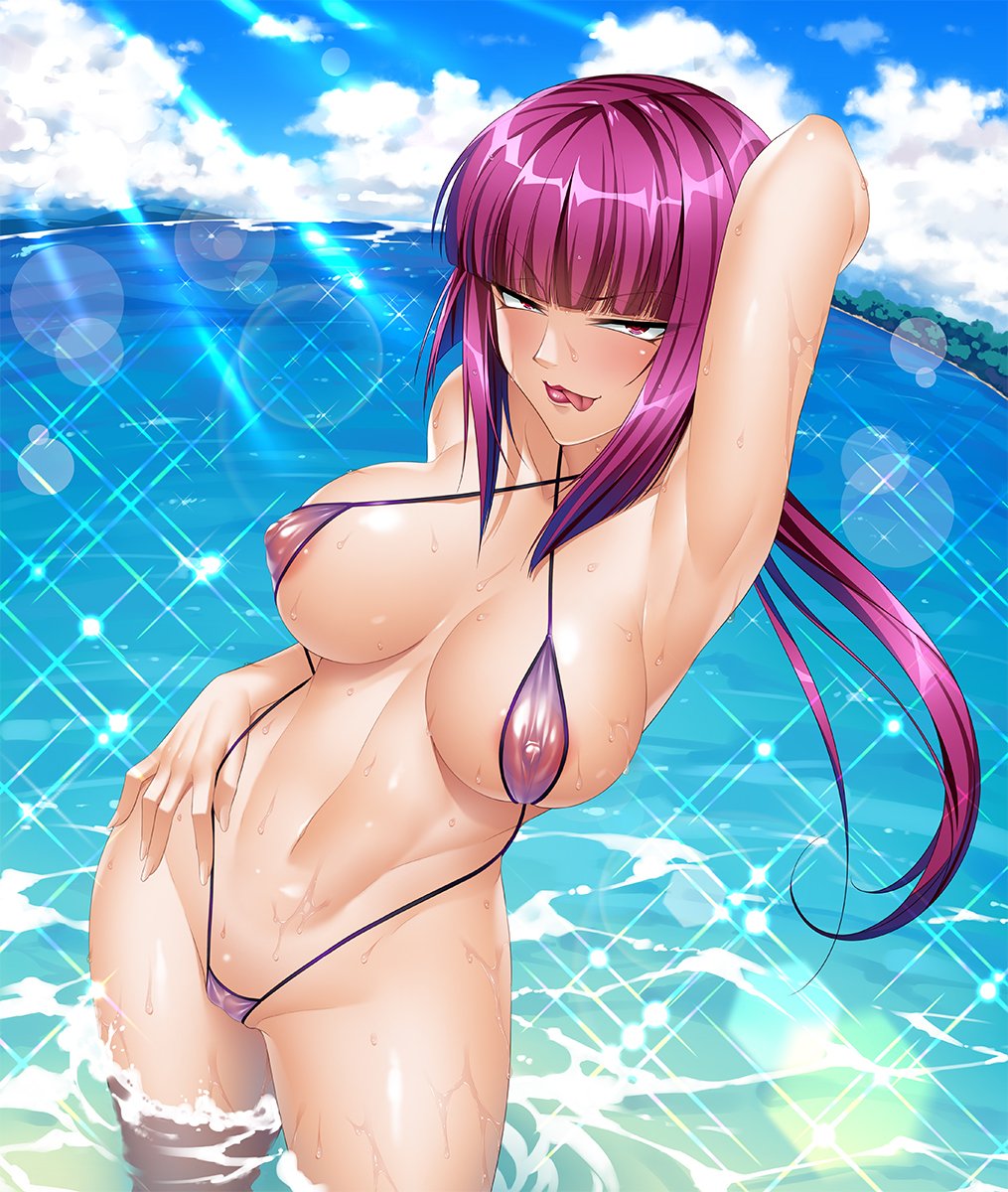 00s, beach, bikini, breasts, curvy, demon, demon girl, female, kagami hirotaka, large breasts, lilith-soft, long hair, long ponytail, milf, naughty face, nipples, oboro (taimanin asagi), official art, ponytail, purple eyes, purple hair, sky, sling bikini, swimsuit, taimanin (series), taimanin asagi, taimanin asagi battle arena, thong, thong bikini, water