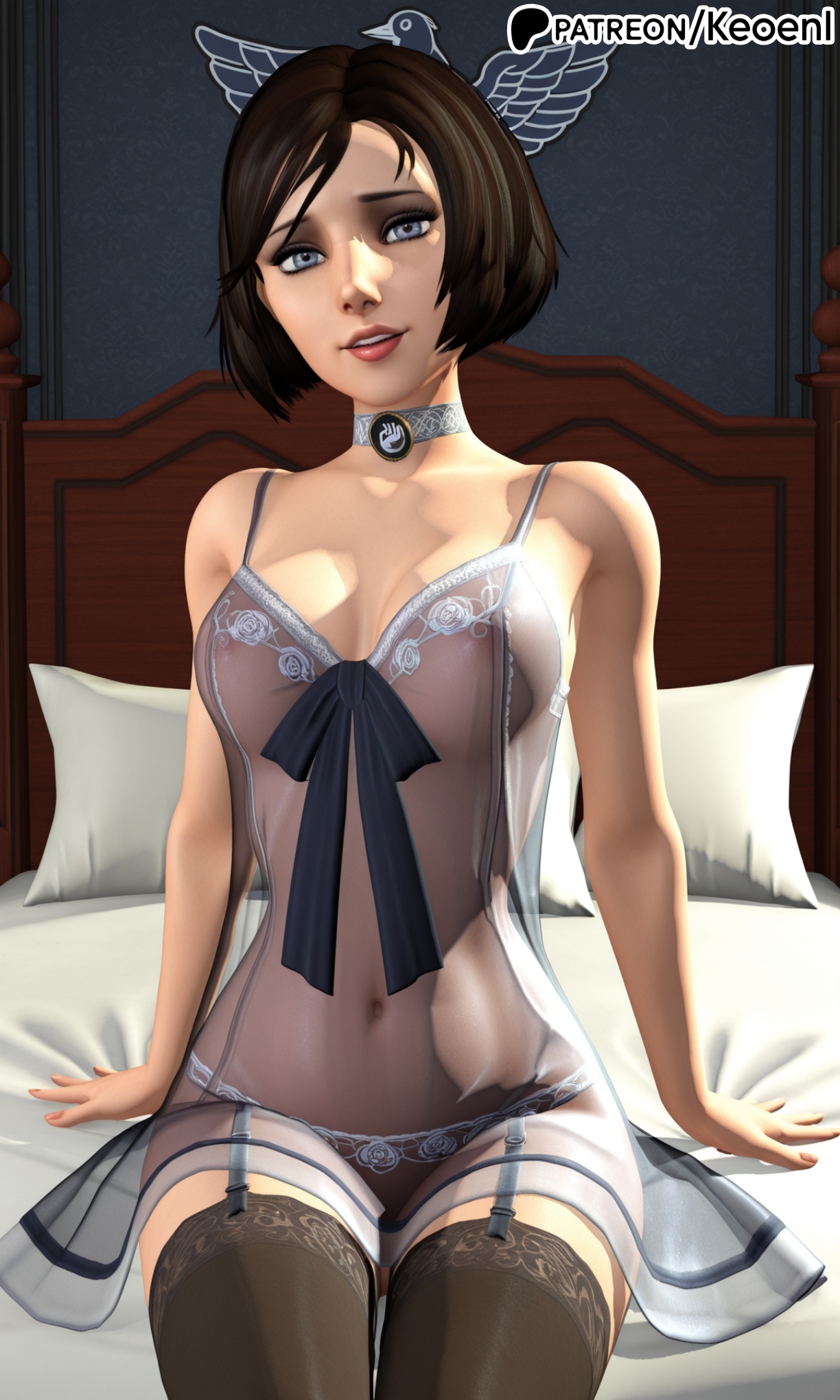 1girls, accurate art style, ai generated, babydoll, barefoot, bed, bedroom, big breasts, bioshock, bioshock infinite, black hair, blue eyes, breasts, brown hair, choker, commission, curtains, elizabeth comstock, female, female only, hard nipples, hi res, indoors, keoenl, lace-trimmed thighhighs, lingerie, lips, long hair, looking at viewer, medium breasts, navel, nipples, nose, on bed, panties, patreon, pillow, seductive, seductive look, sexy, short hair, sitting, slim waist, smug, solo, thick thighs, thighs, transparent clothing, wide hips, window