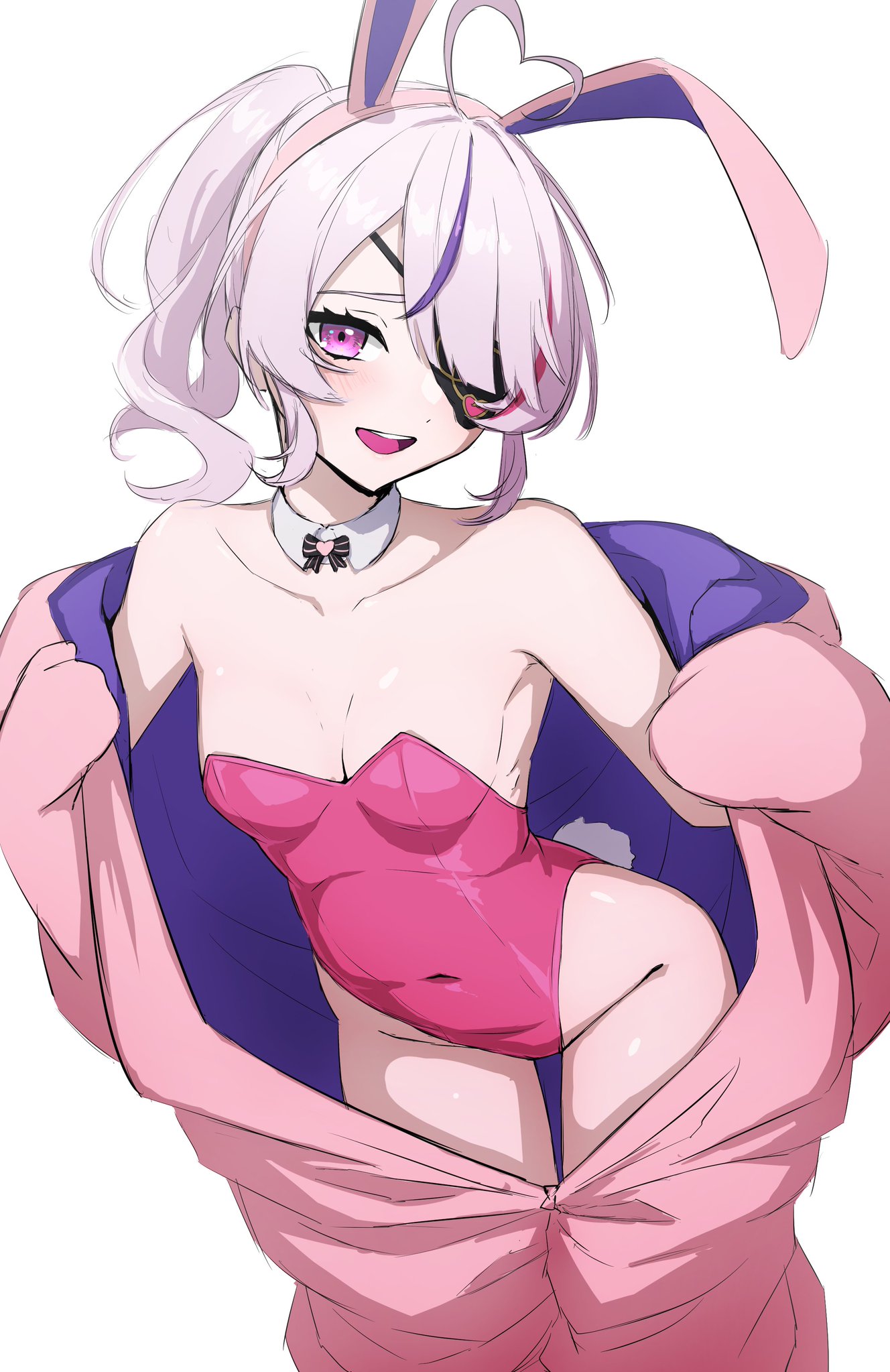 1girls, ahoge, bare hips, bare shoulders, bare thighs, blush, breasts, bunny ears, bunny ears headband, bunny tail, bunnysuit, cleavage, covered eye, dayyo (daydarion/day-chan), detached collar, exposed shoulders, eye covered, eye patch, eyepatch, fake animal ears, female, headband, heart ahoge, hi res, highres, hips, leotard, looking at viewer, maria marionette, nijisanji, nijisanji en, one eye covered, one eye obstructed, pink eyes, pink hair, purple hair, small breasts, solo, solo female, solo focus, taking clothes off, thighs, virtual youtuber, white background