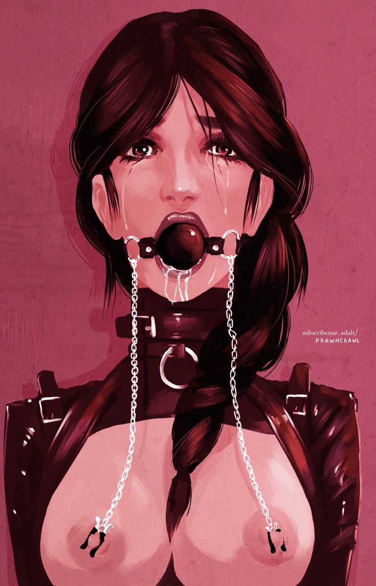 1girls, areolae, big breasts, bondage, breasts, brown eyes, brown hair, crying, crying with eyes open, female, femsub, gag, gagged, latex clothing, light skin, light-skinned female, long hair, nipple chain, nipple clamps, nipple pinch, prawncrawl, slobber