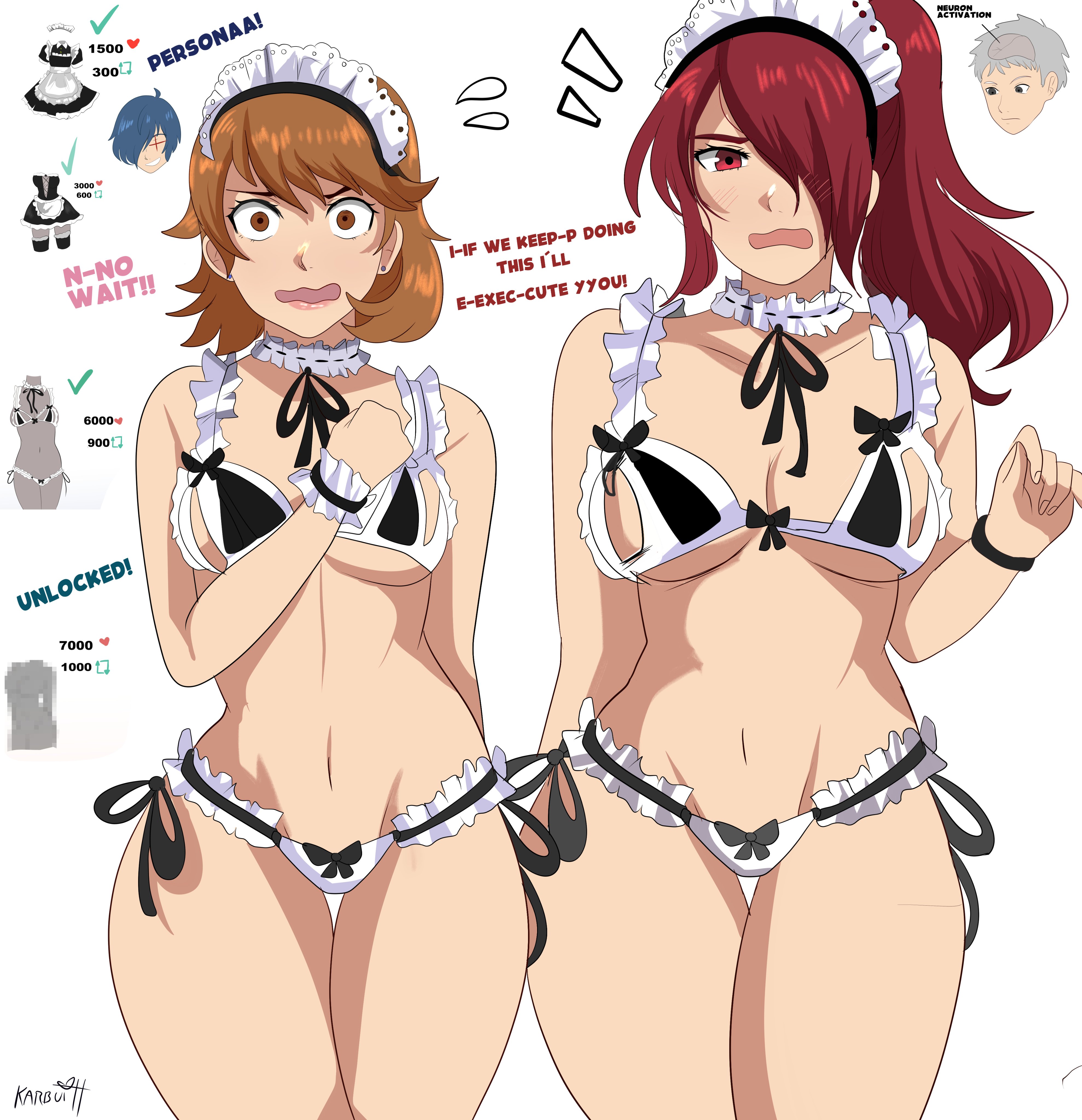 2girls, akihiko sanada, atlus, big breasts, blue hair, breasts, brown hair, choker, embarrassed underwear female, embarrassing outfit, english text, female, hair over one eye, karbuitt, looking at viewer, maid bikini, maid headdress, maid outfit, makoto yuki, mitsuru kirijo, persona, persona 3, persona 3 reload, red hair, shocked expression, stockings, trying on clothes, twitter strip game (meme), white background, white hair, yukari takeba