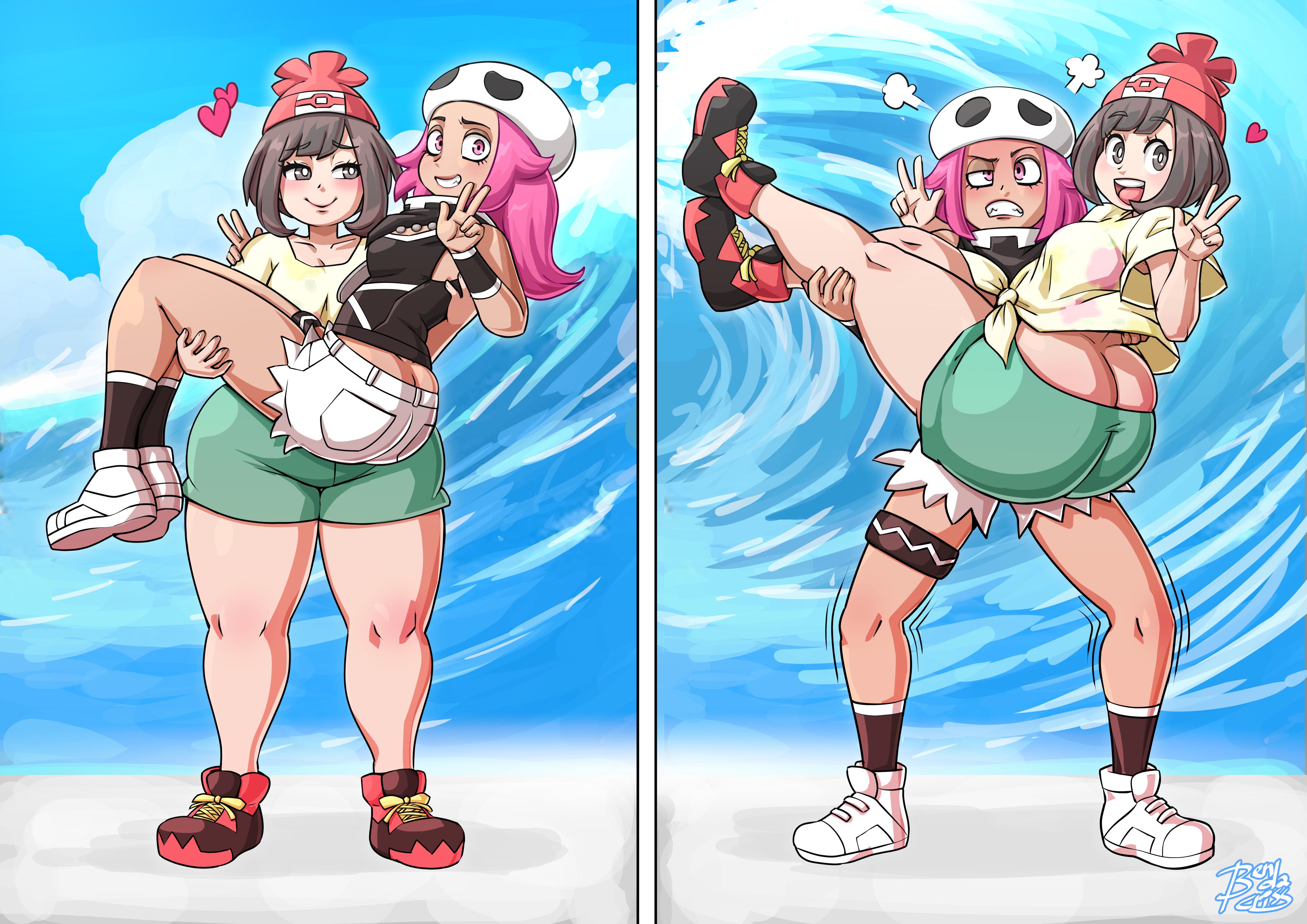 2girls, ass, ass cleavage, ass crack, ass hanging out, ass hanging out of shorts, bendacriss, big ass, booty shorts, brown hair, bubble butt, butt crack, carrying, carrying another, carrying person, chubby, chubby female, fat ass, female, female only, hearts around head, heavy, huge ass, loving gaze, peace sign, pink hair, pokemon, pokemon sm, princess carry, selene (pokemon), short shorts, shorts, smile, team skull, team skull grunt, team skull grunt (female), thick thighs, yuri