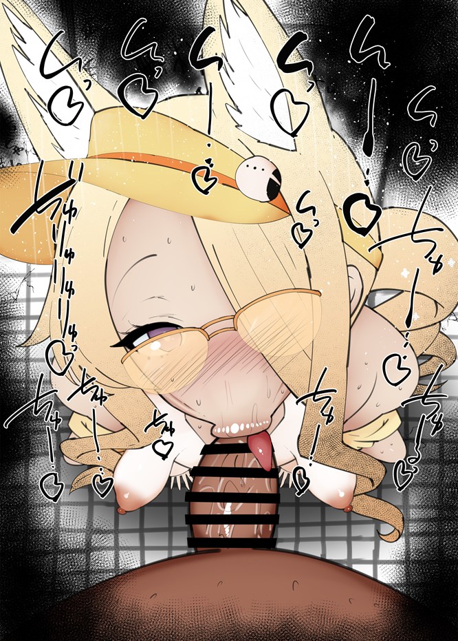 :>=, 1boy, 1girls, animal ears, bar censor, bare shoulders, blue archive, blush, breasts, censored, dark skin, dark-skinned male, detailed background, drooling, erect nipples, erection, eyelashes, fellatio, female, glasses, hair over one eye, heart, humanoid, indoor, inside, interracial, interspecies, kurotama, long hair, looking at viewer, looking over eyewear, looking over sunglasses, male, male pov, oral, oral sex, pale-skinned female, penis, room, saliva, seia (blue archive), shiny, shiny skin, sketch, small breasts, sound effects, squatting, sunglasses, sweat, text, tinted eyewear, tongue out, vein, veins, veiny, veiny penis, yellow hair